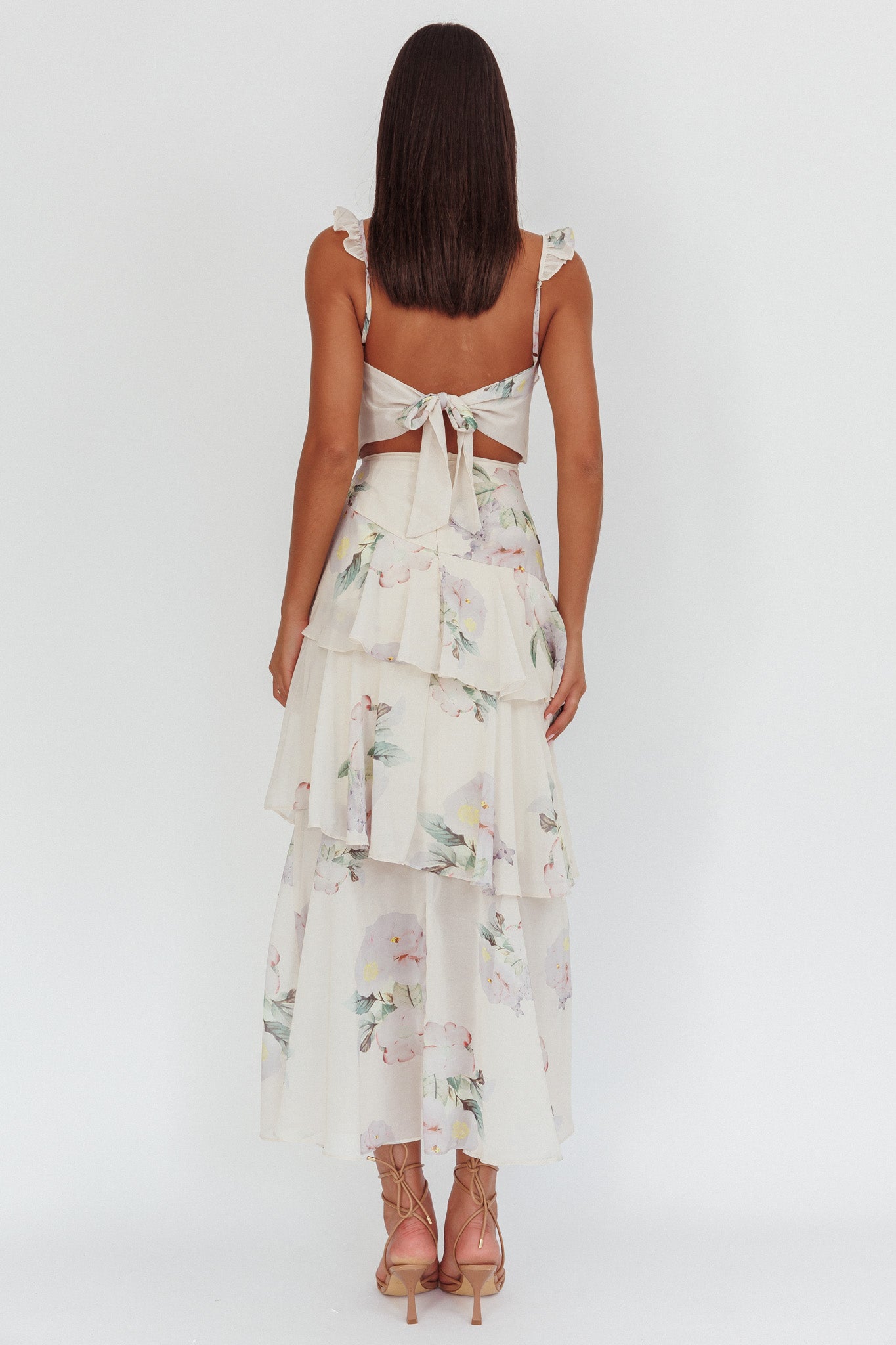 Veda Ruffle Strap Split Maxi Dress Magnolia Cream by Selfie Leslie Australia