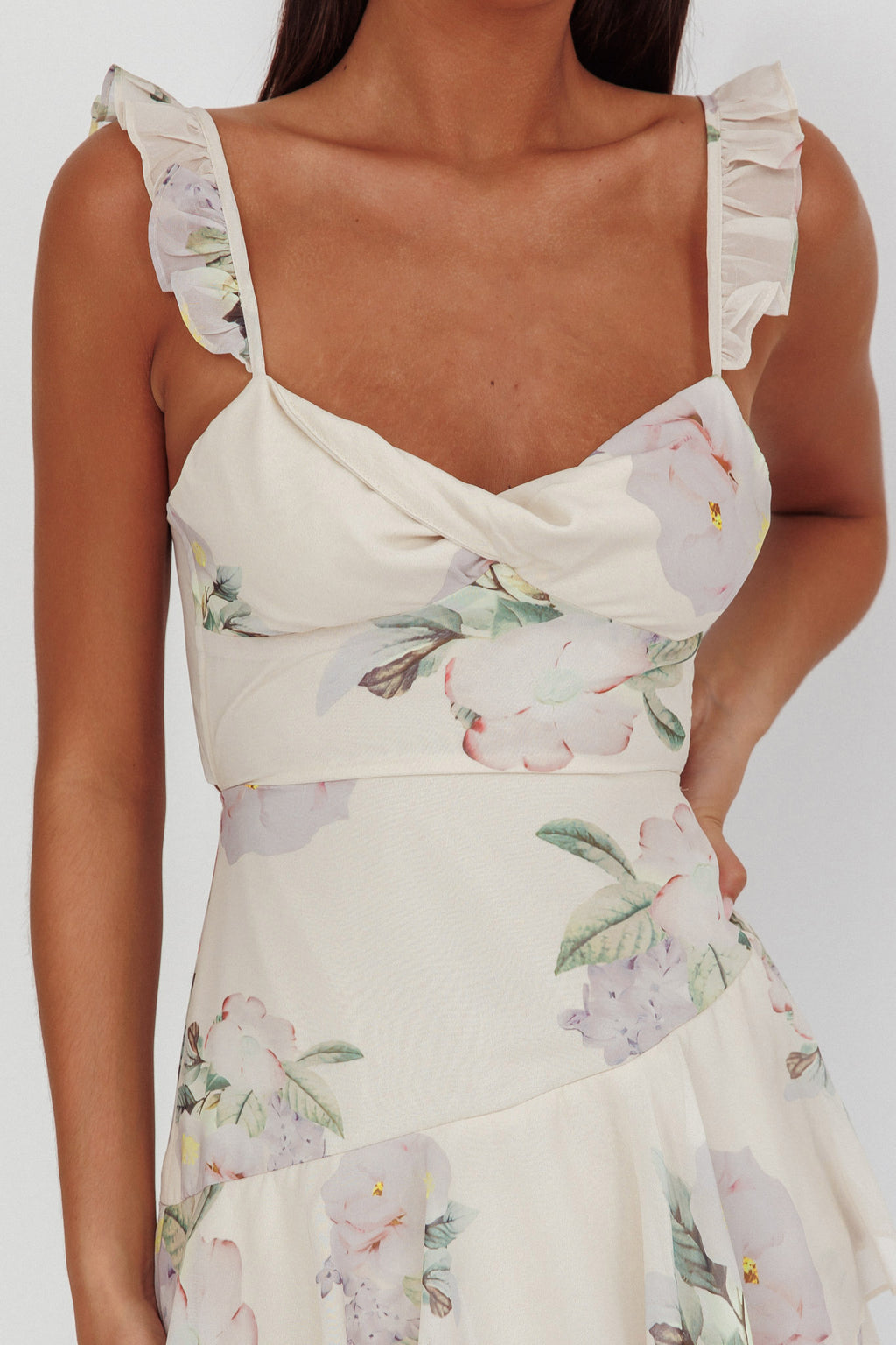 Veda Ruffle Strap Split Maxi Dress Magnolia Cream by Selfie Leslie Australia