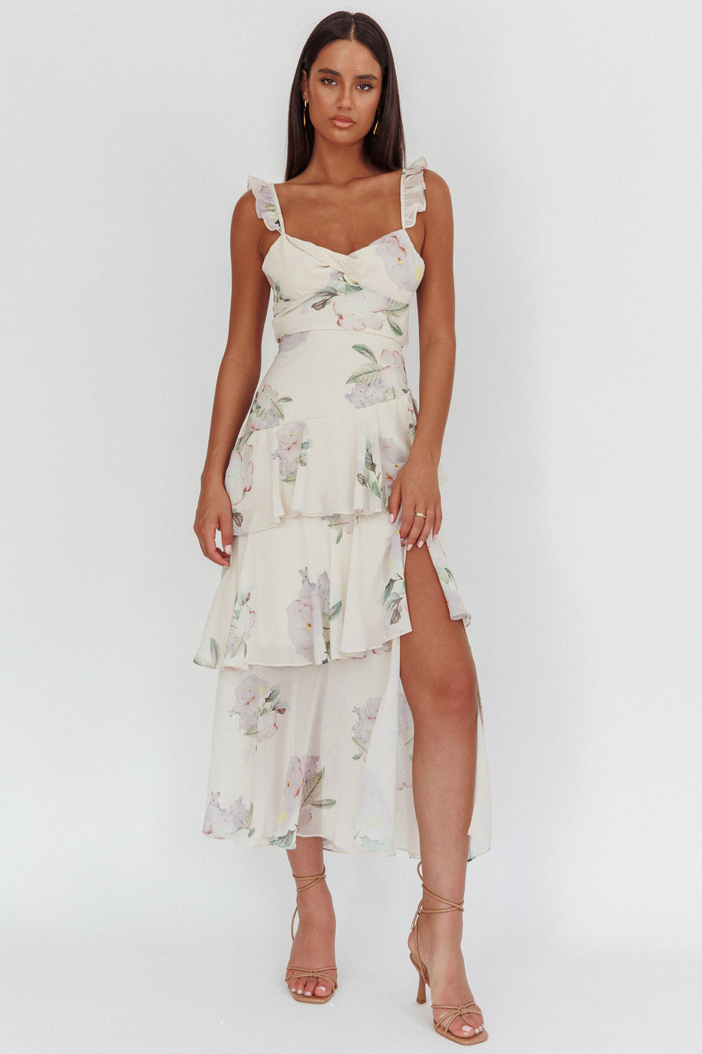 Veda Ruffle Strap Split Maxi Dress Magnolia Cream by Selfie Leslie Australia