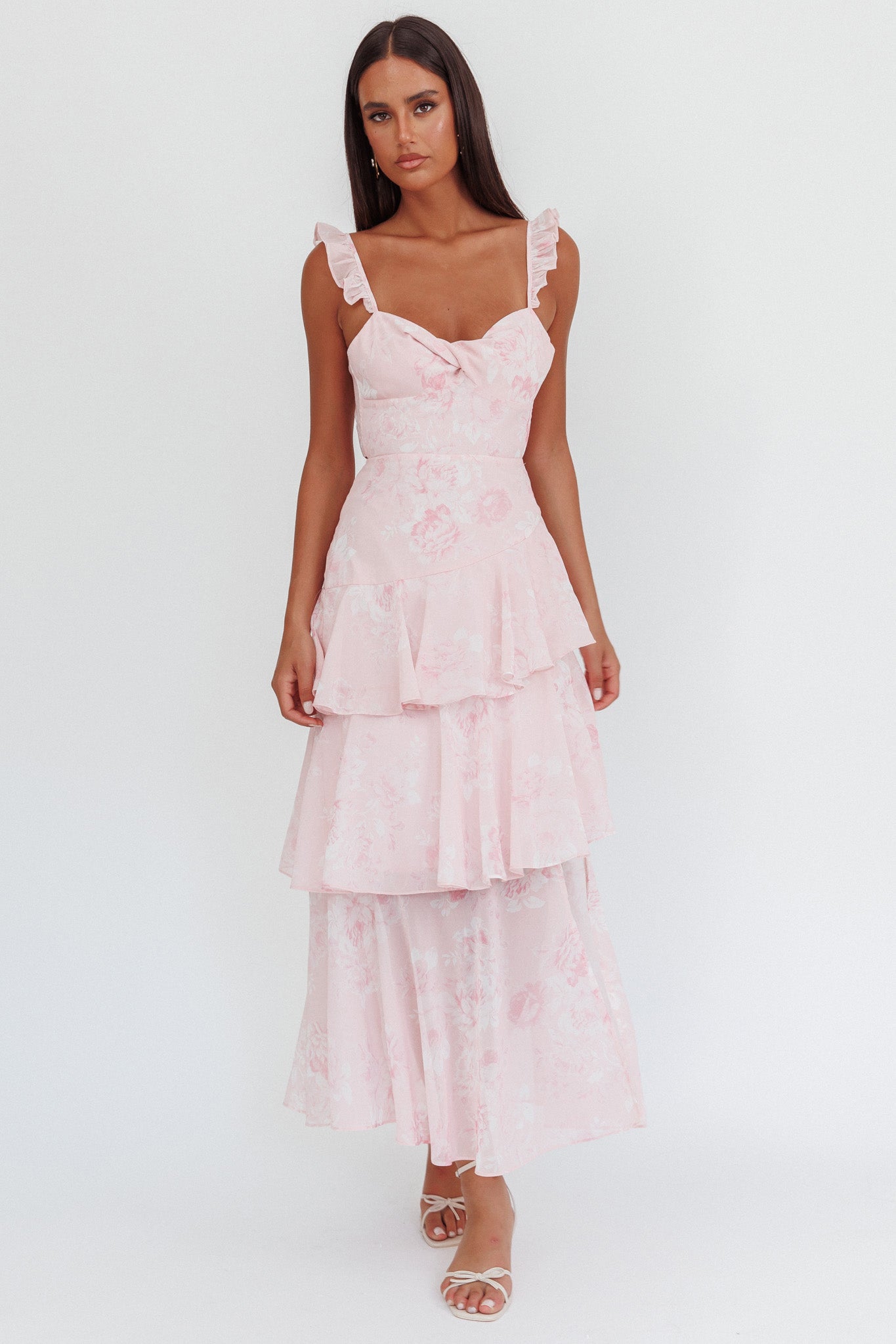 Veda Ruffle Strap Split Maxi Dress Roses Blush by Selfie Leslie Australia