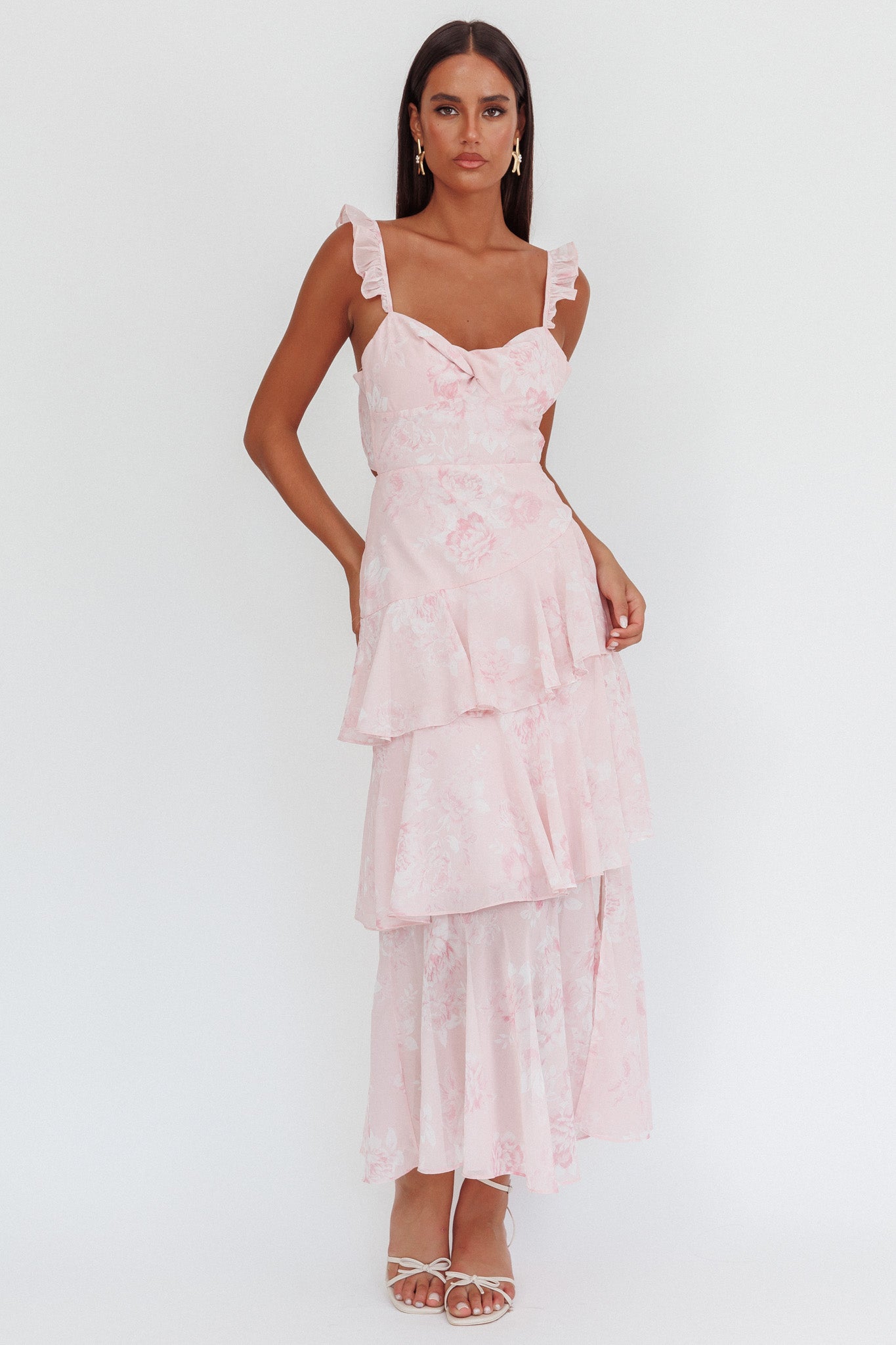 Veda Ruffle Strap Split Maxi Dress Roses Blush by Selfie Leslie Australia