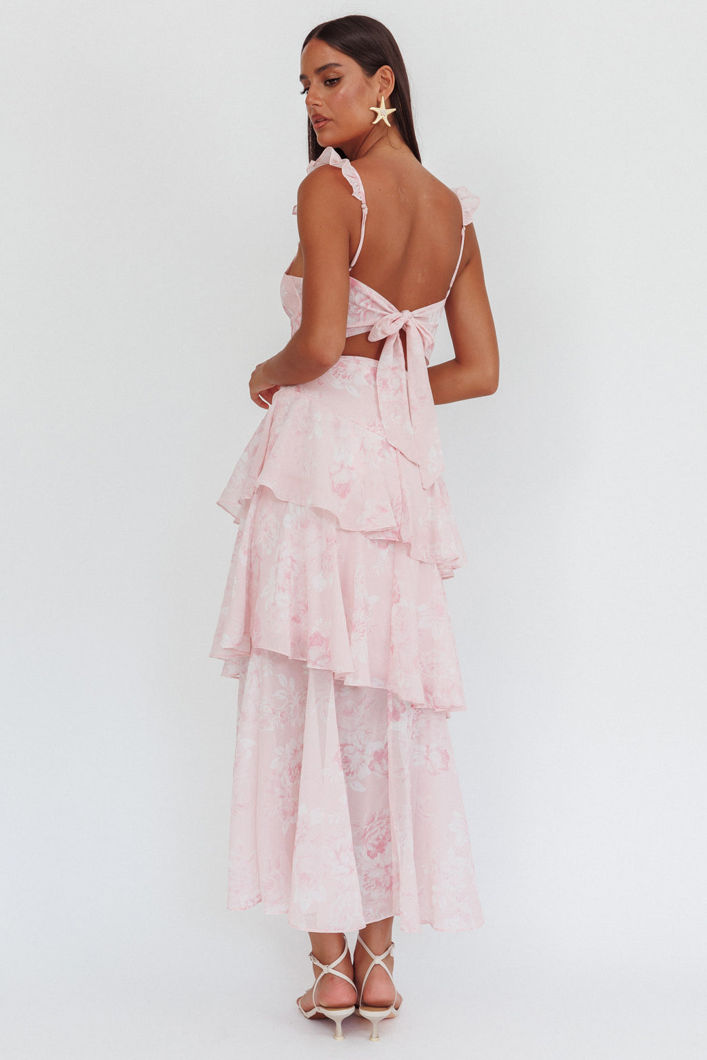 Veda Ruffle Strap Split Maxi Dress Roses Blush by Selfie Leslie Australia
