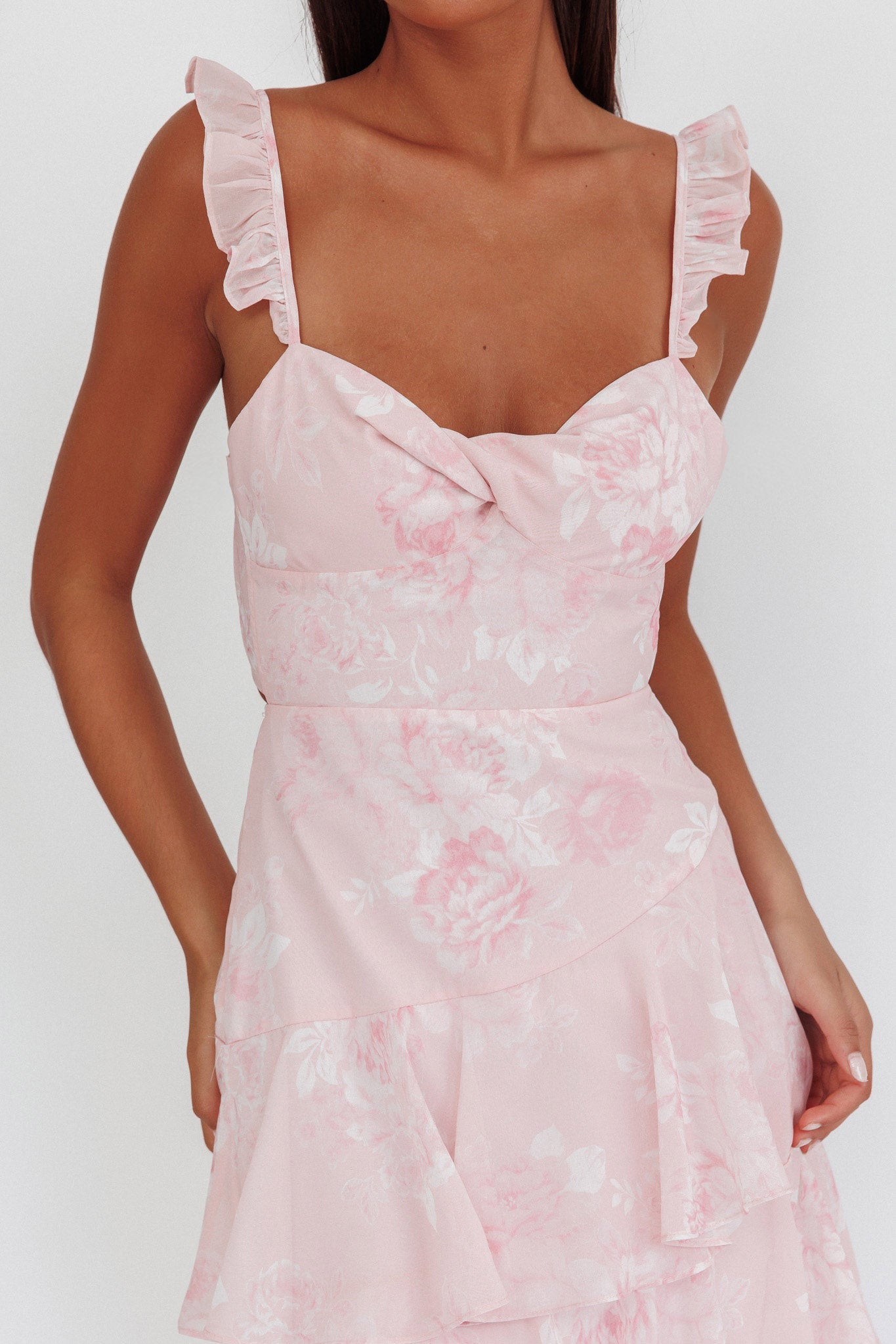 Veda Ruffle Strap Split Maxi Dress Roses Blush by Selfie Leslie Australia