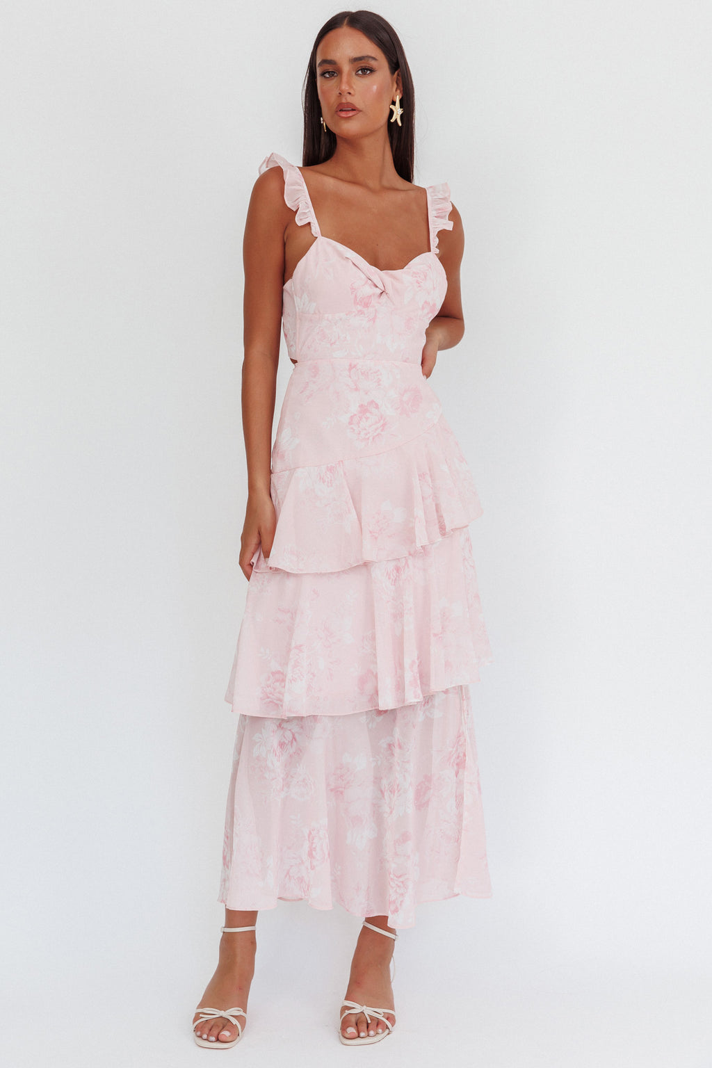 Veda Ruffle Strap Split Maxi Dress Roses Blush by Selfie Leslie Australia
