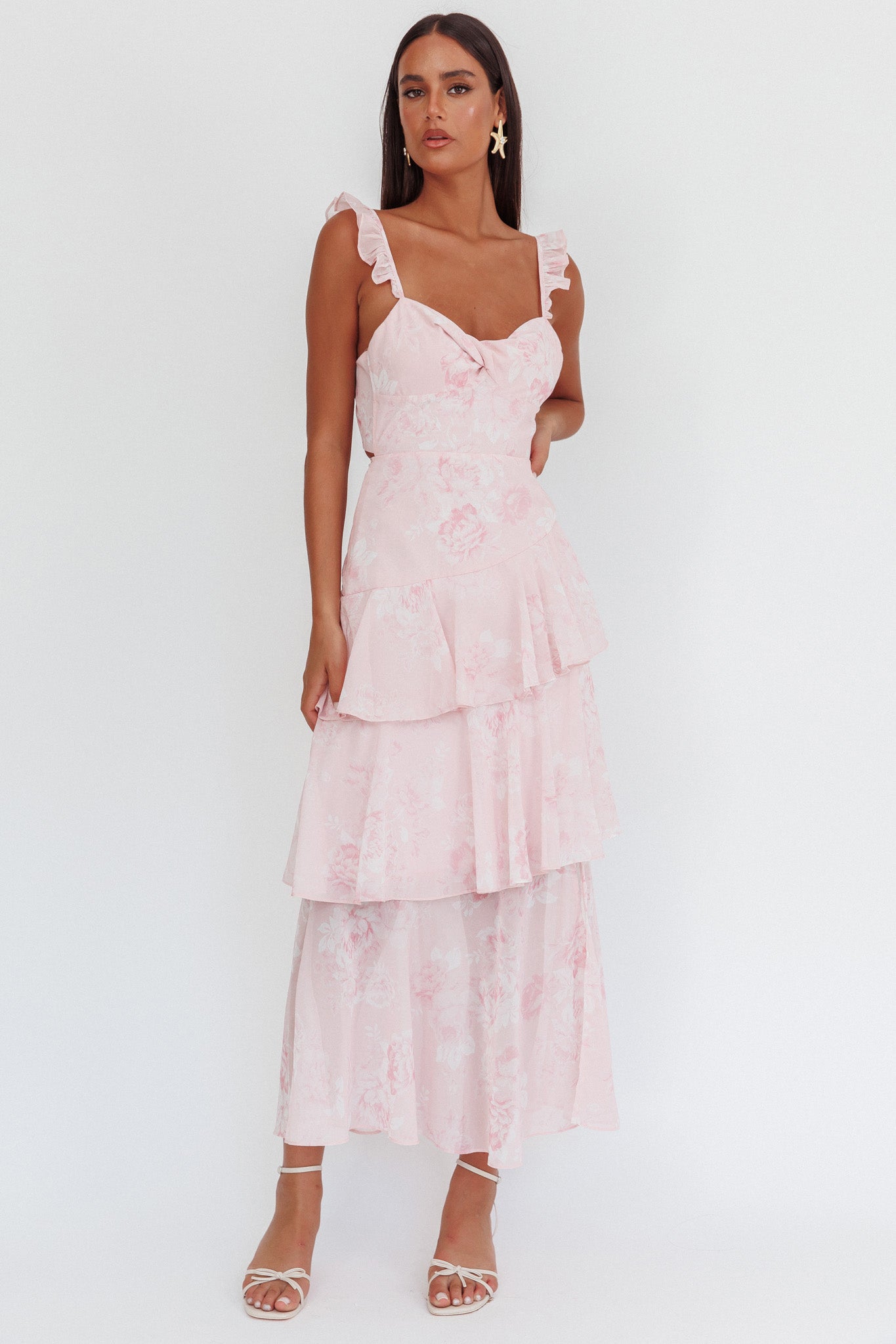 Veda Ruffle Strap Split Maxi Dress Roses Blush by Selfie Leslie Australia
