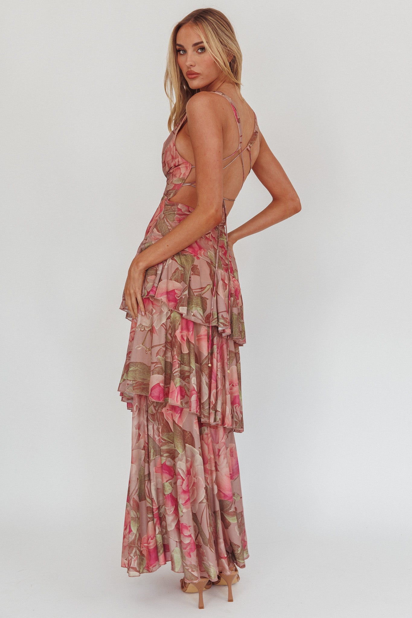 Veda Strappy Back Maxi Dress Roses Blush by Selfie Leslie Australia