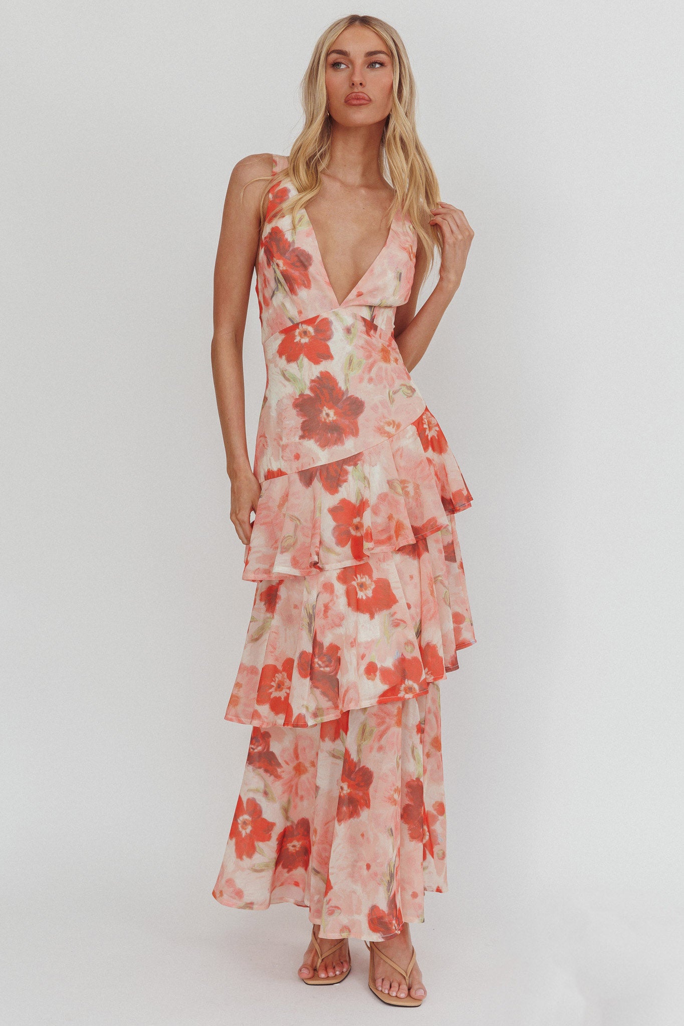 Veda Strappy Back Ruffle Maxi Dress Poppies Red by Selfie Leslie Australia