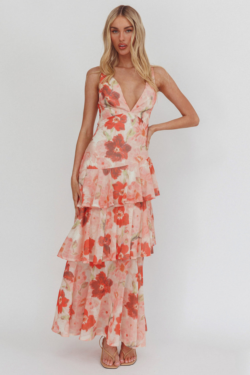 Veda Strappy Back Ruffle Maxi Dress Poppies Red by Selfie Leslie Australia