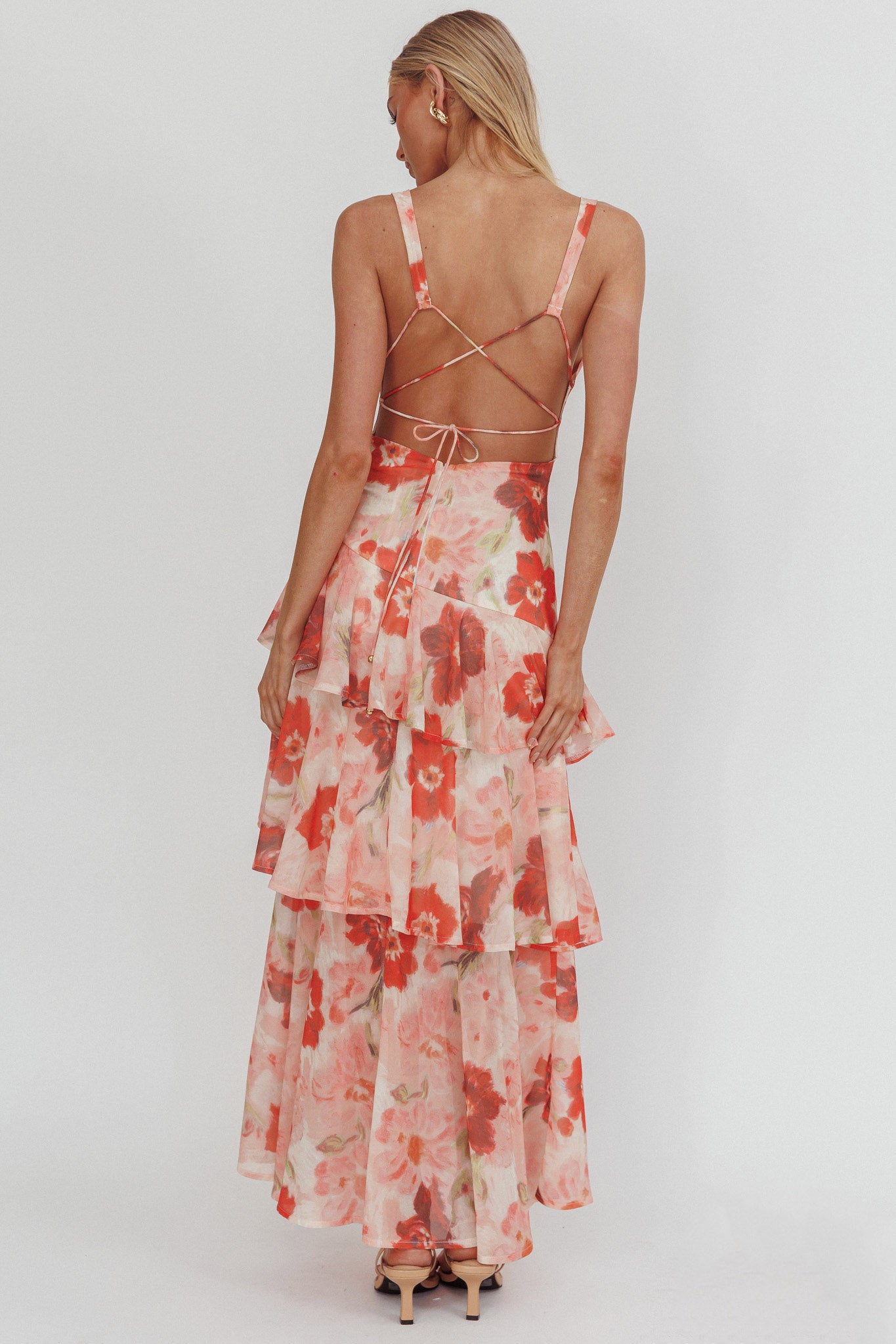 Veda Strappy Back Ruffle Maxi Dress Poppies Red by Selfie Leslie Australia