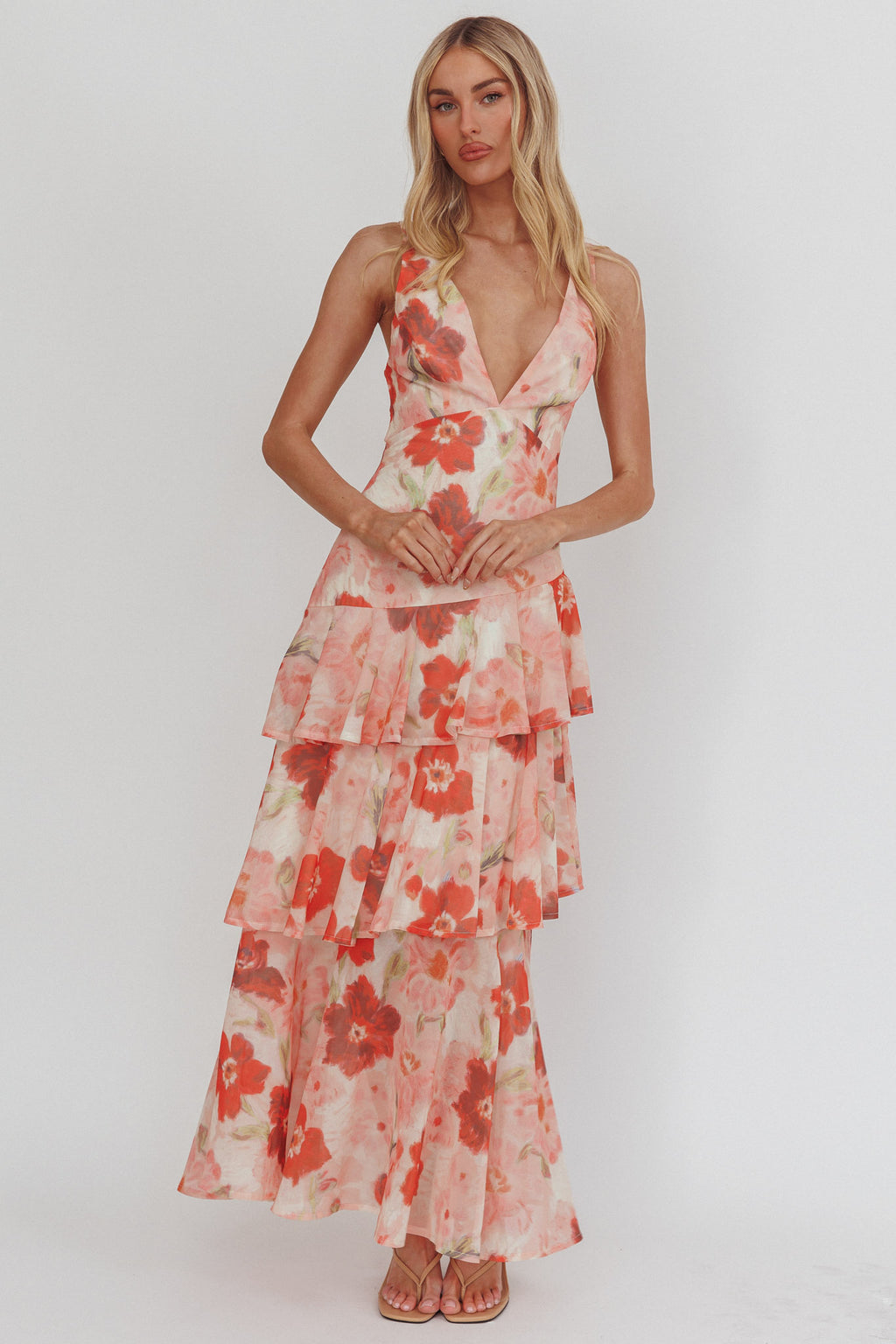 Veda Strappy Back Ruffle Maxi Dress Poppies Red by Selfie Leslie Australia
