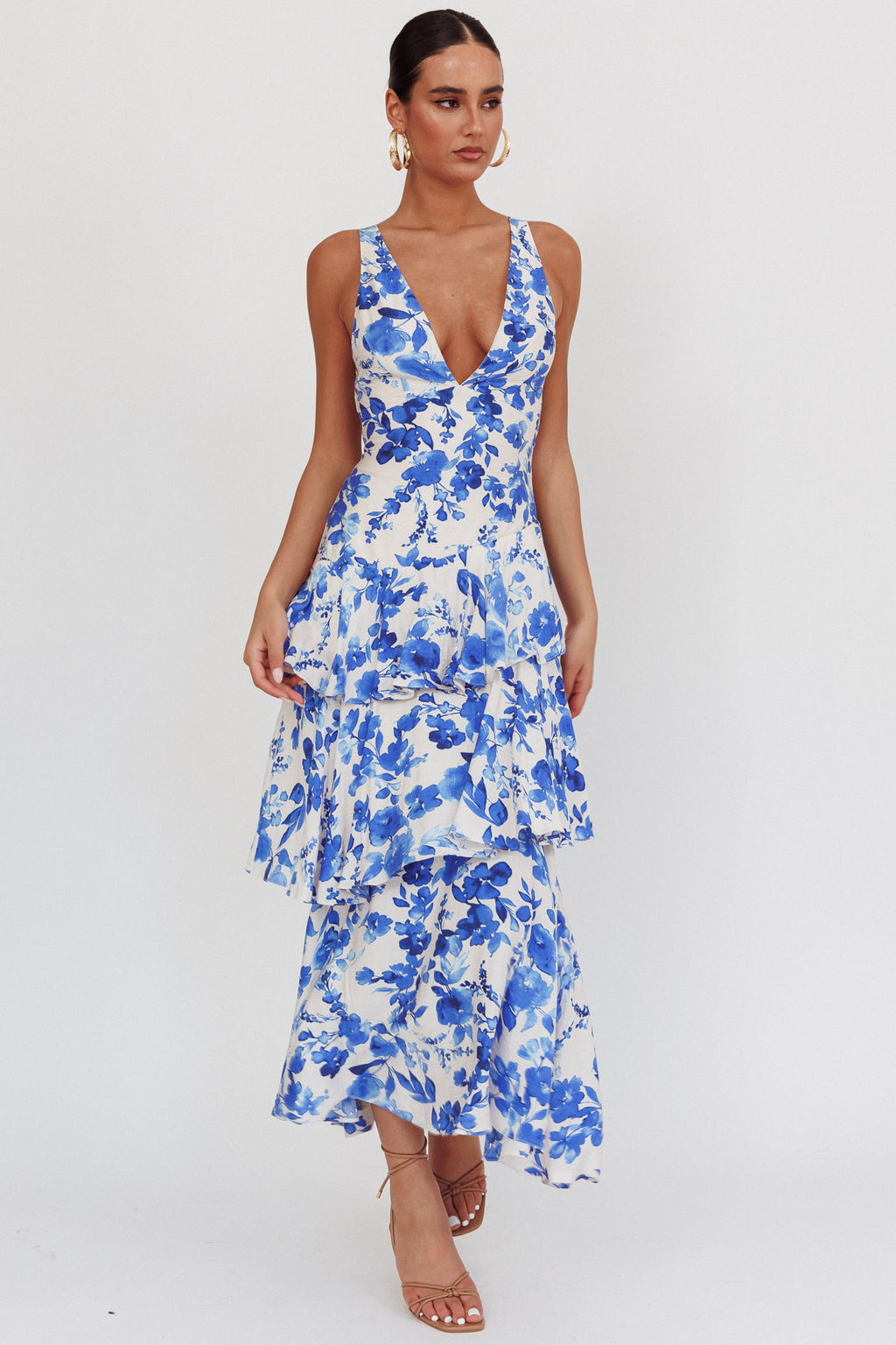 Veda Strappy Back Ruffle Maxi Dress Floral Blue by Selfie Leslie Australia