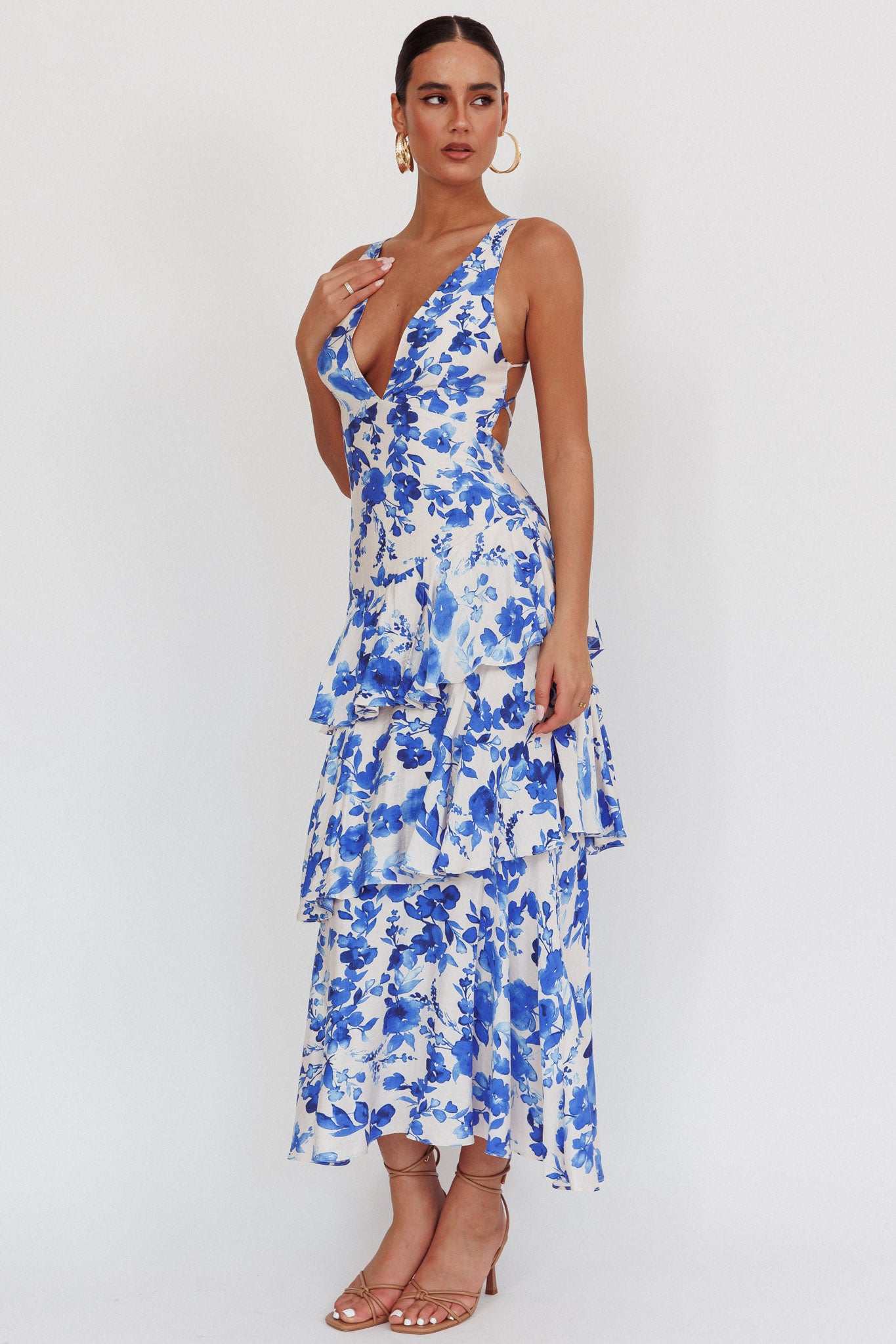 Veda Strappy Back Ruffle Maxi Dress Floral Blue by Selfie Leslie Australia