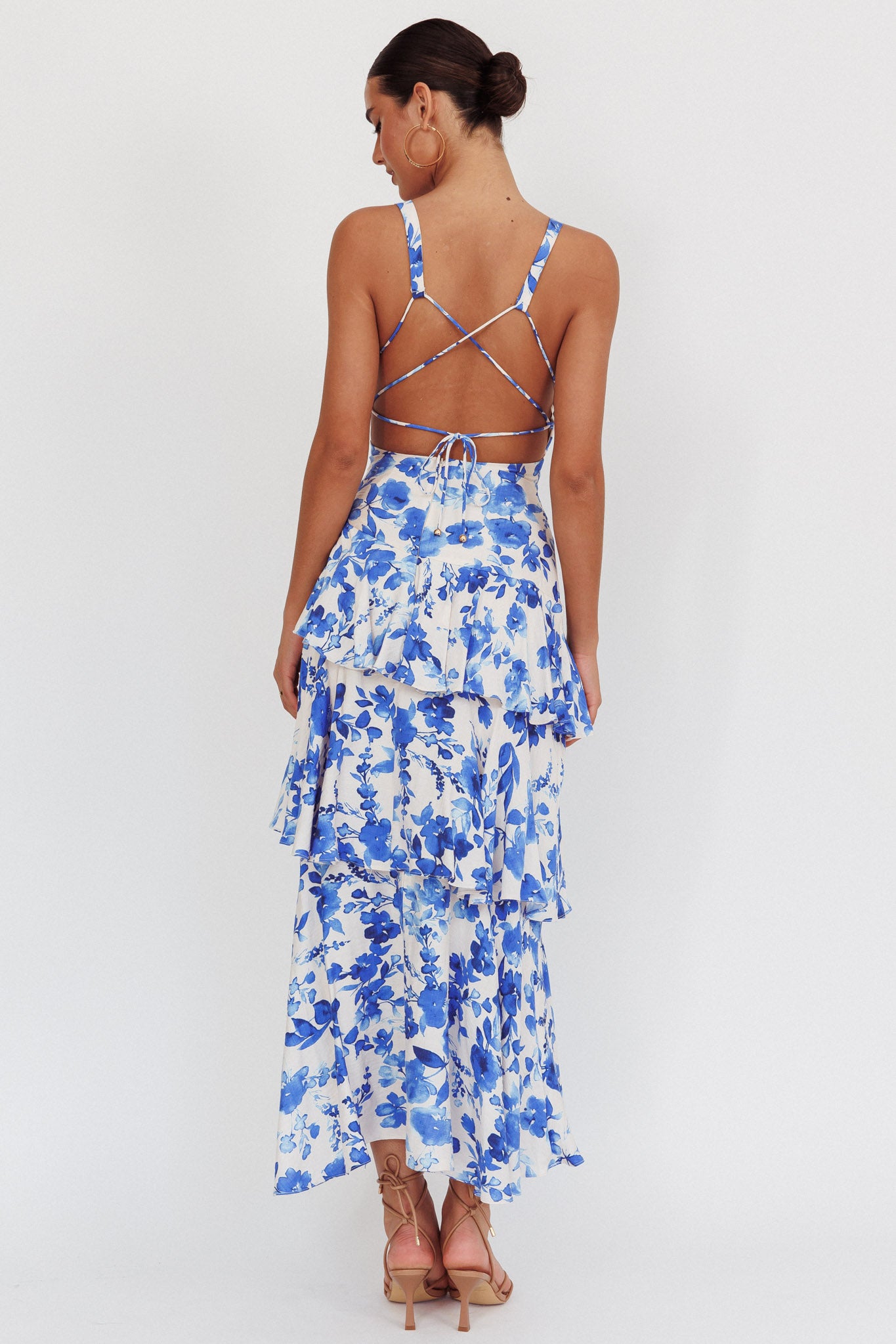Veda Strappy Back Ruffle Maxi Dress Floral Blue by Selfie Leslie Australia