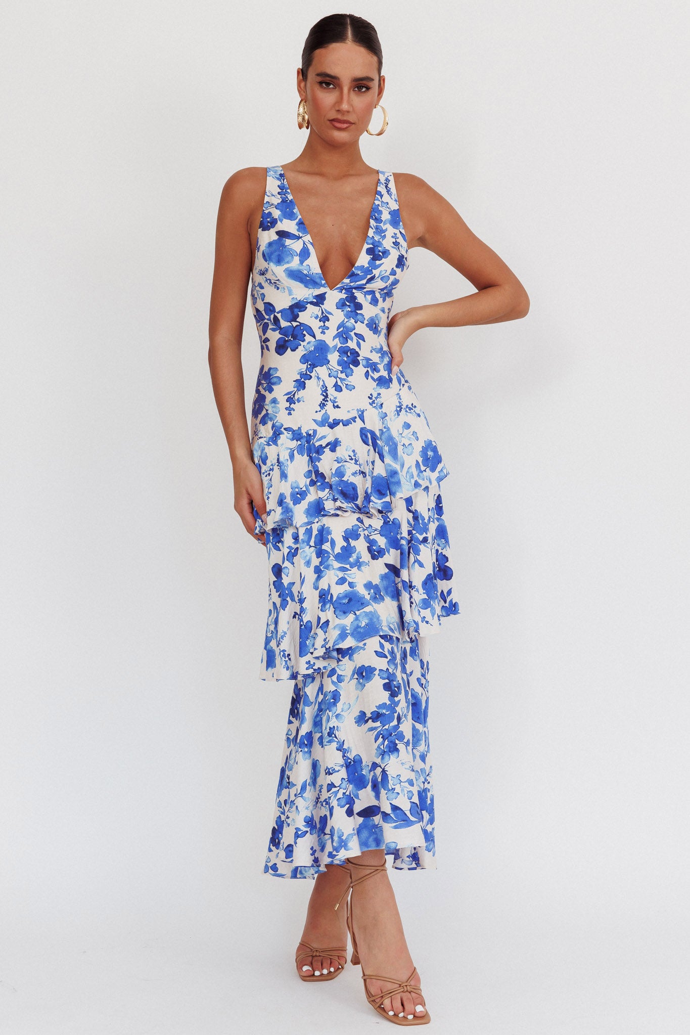 Veda Strappy Back Ruffle Maxi Dress Floral Blue by Selfie Leslie Australia