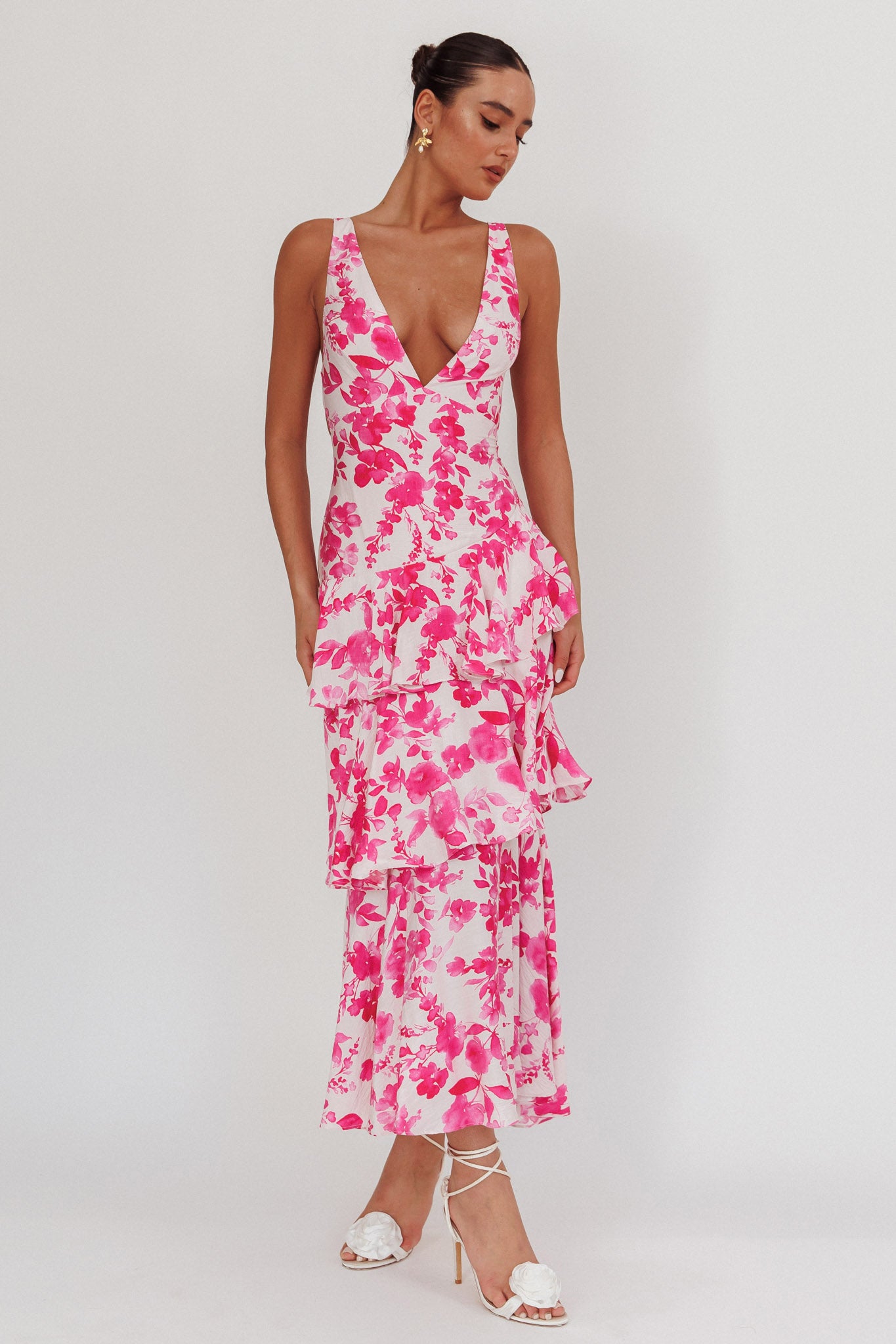 Veda Strappy Back Ruffle Maxi Dress Floral Fuchsia by Selfie Leslie Australia