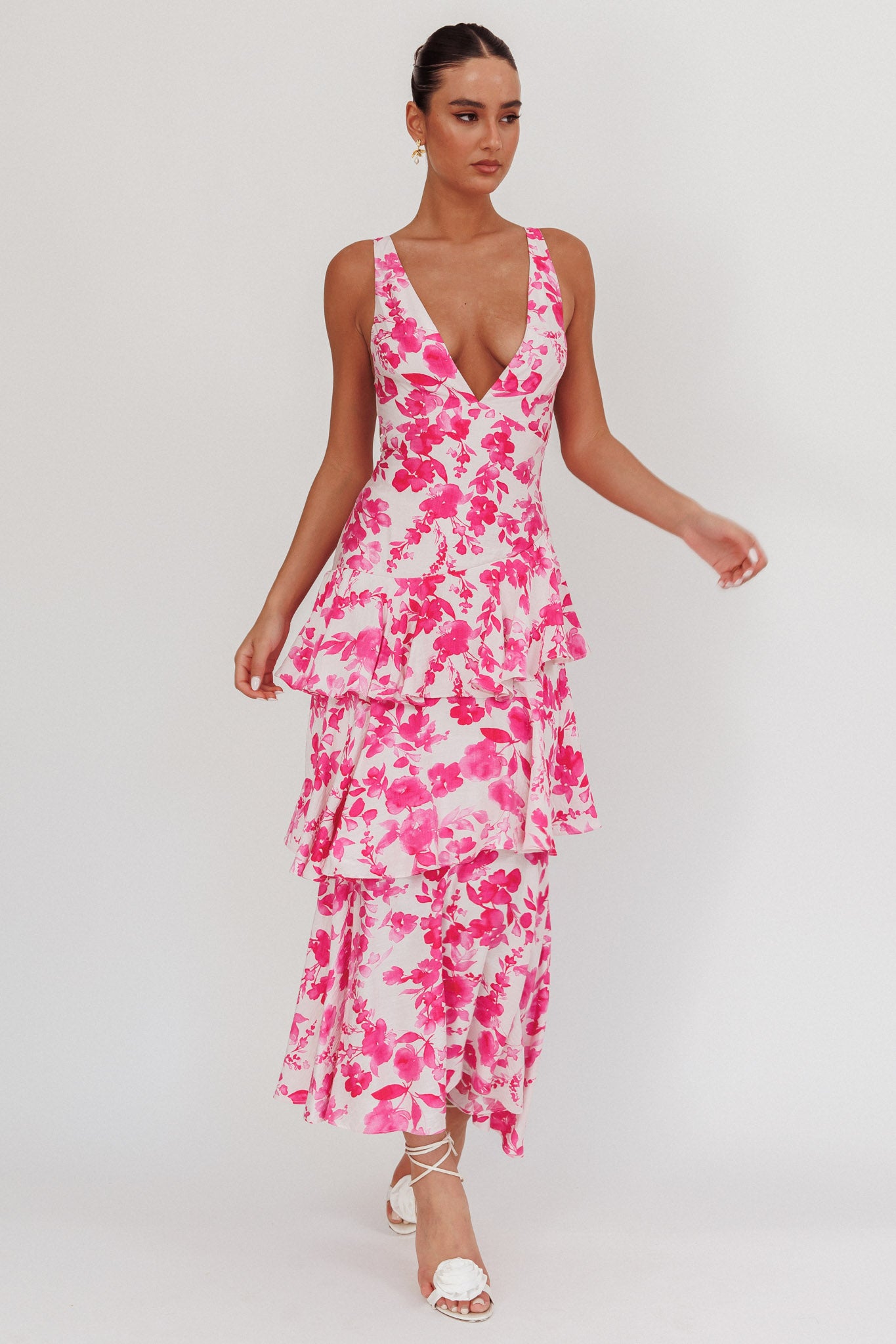 Veda Strappy Back Ruffle Maxi Dress Floral Fuchsia by Selfie Leslie Australia