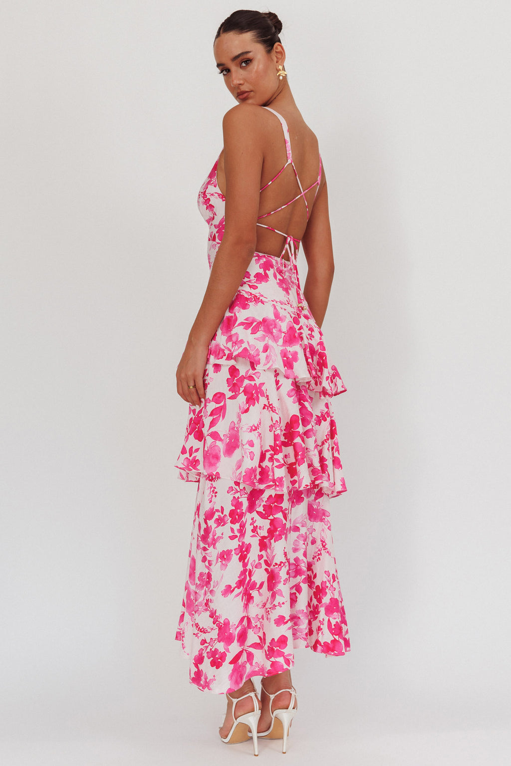 Veda Strappy Back Ruffle Maxi Dress Floral Fuchsia by Selfie Leslie Australia