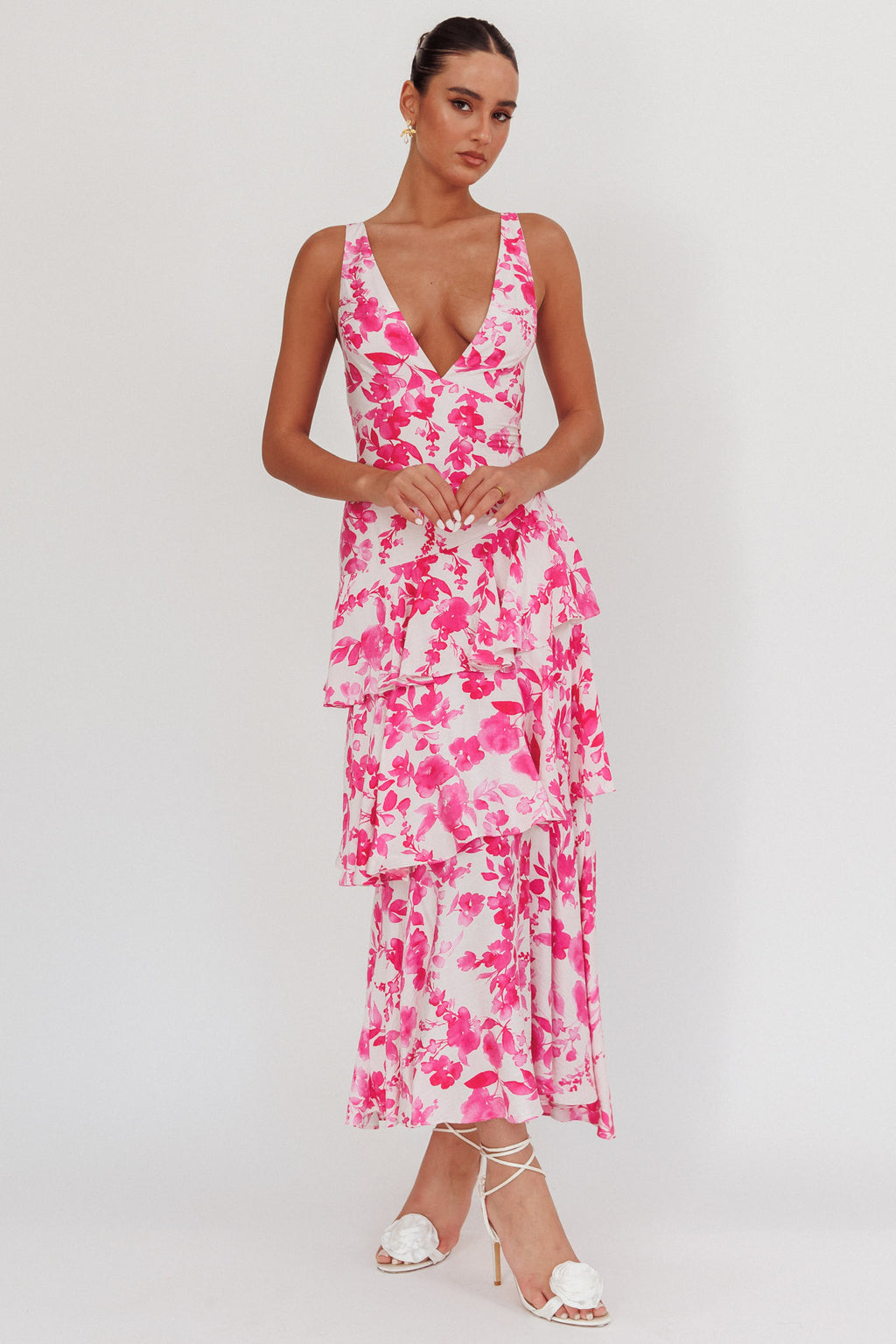 Veda Strappy Back Ruffle Maxi Dress Floral Fuchsia by Selfie Leslie Australia