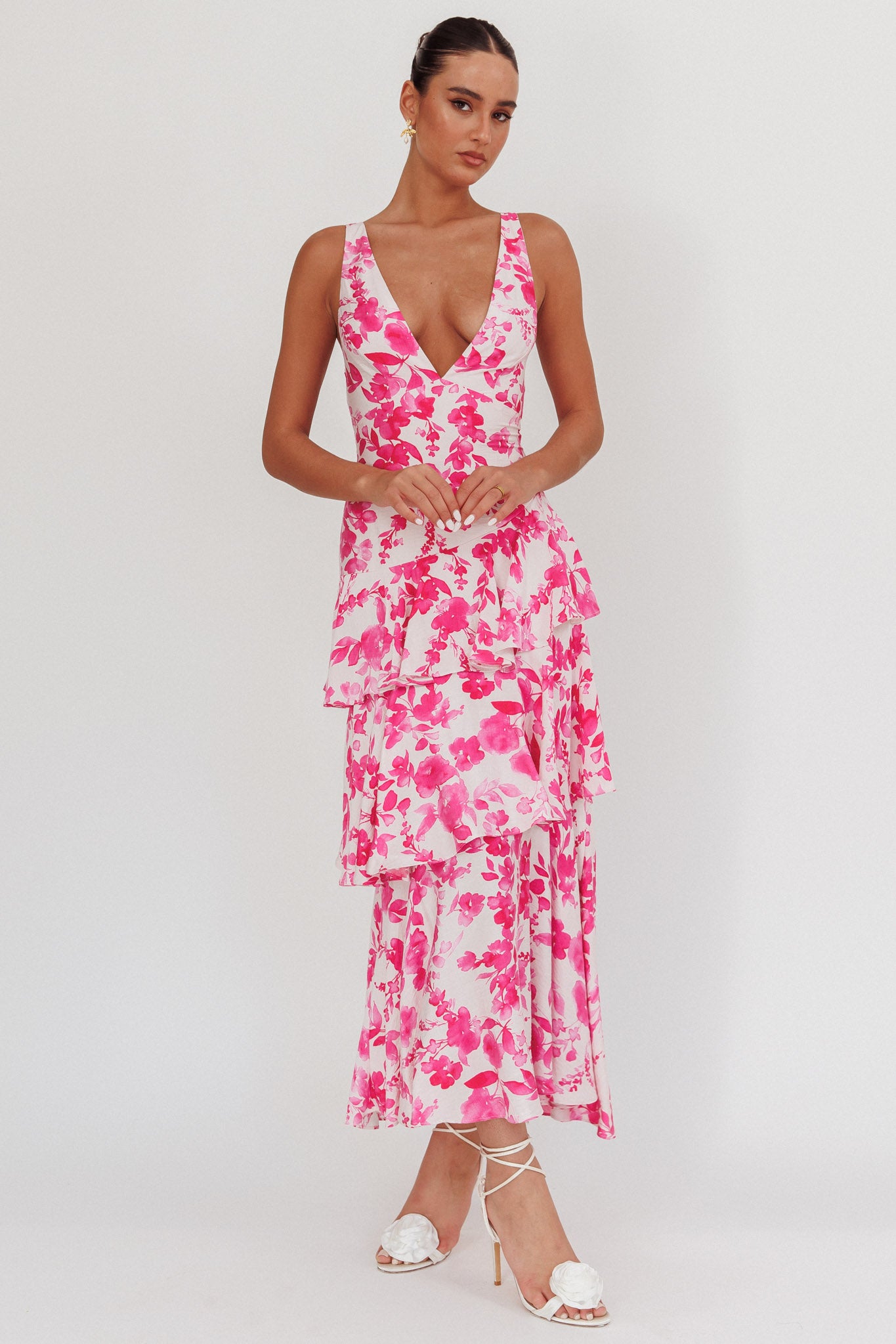 Veda Strappy Back Ruffle Maxi Dress Floral Fuchsia by Selfie Leslie Australia