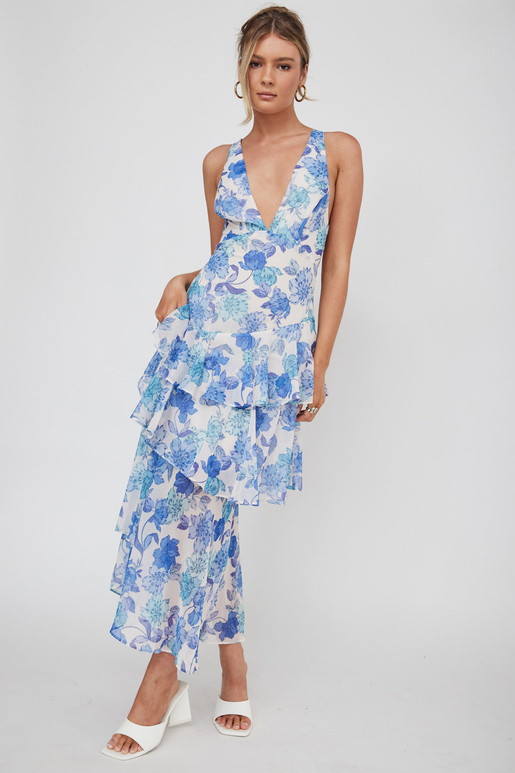 Veda Strappy Back Ruffle Midi Dress Floral Blue by Selfie Leslie Australia
