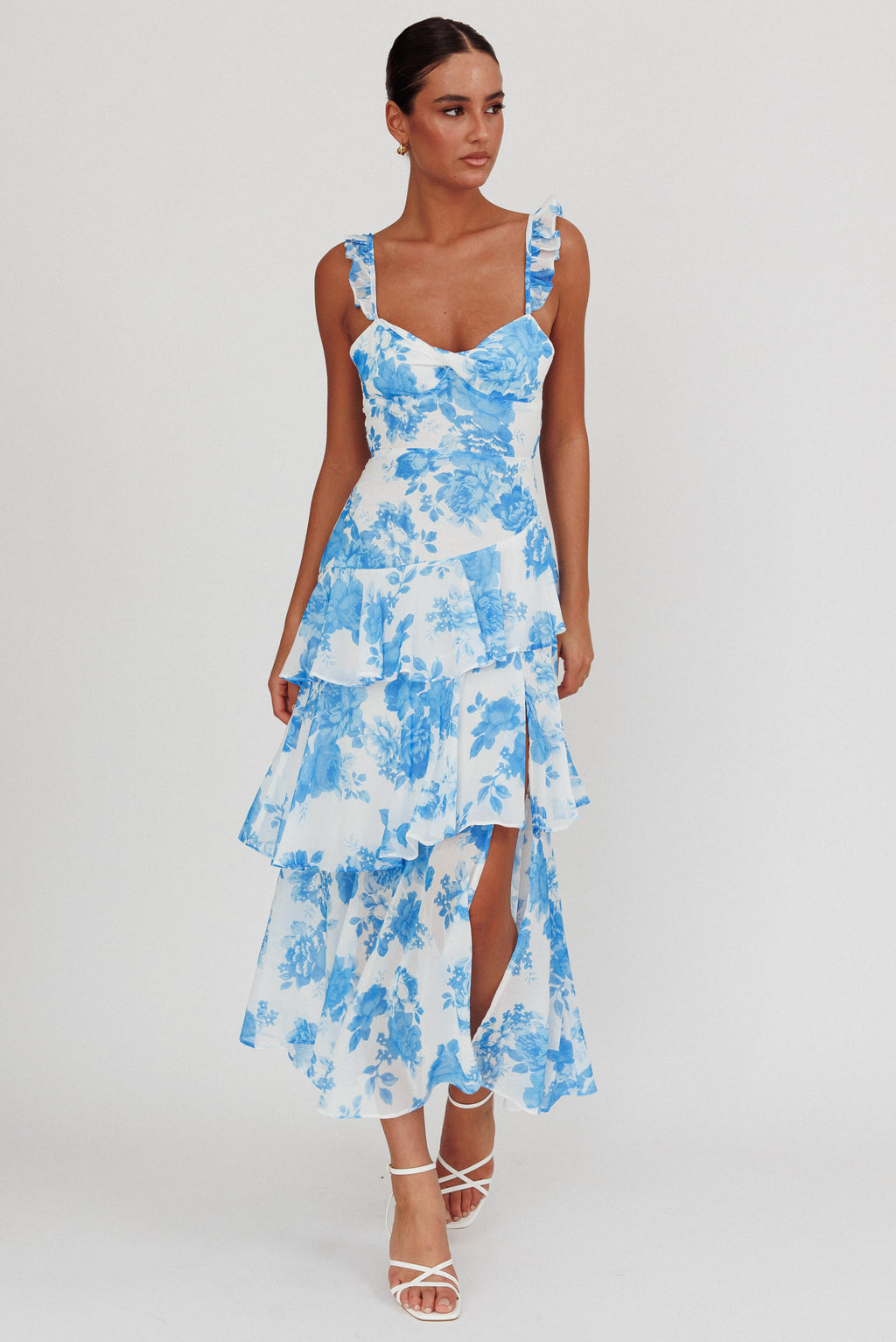 Veda Ruffle Strap Split Maxi Dress Floral White/Blue by Selfie Leslie Australia