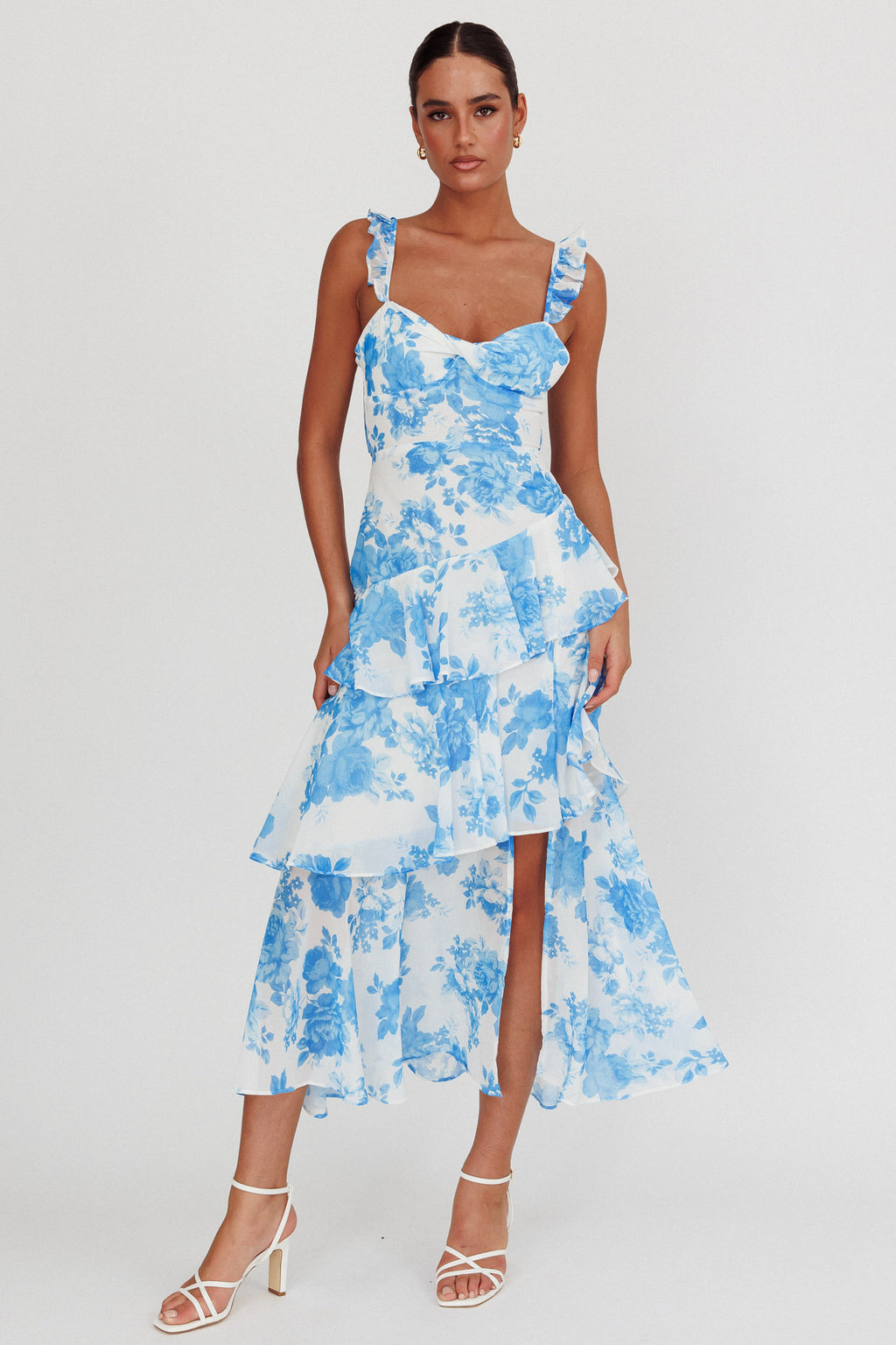 Veda Ruffle Strap Split Maxi Dress Floral White/Blue by Selfie Leslie Australia