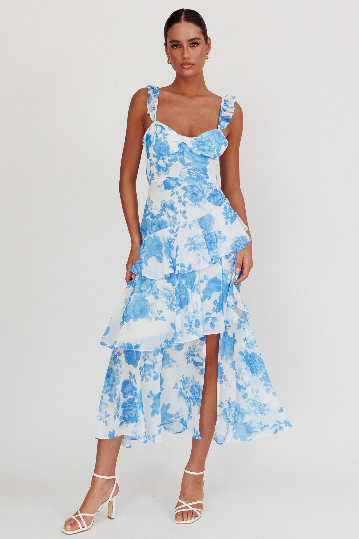 Veda Ruffle Strap Split Maxi Dress Floral White/Blue by Selfie Leslie Australia