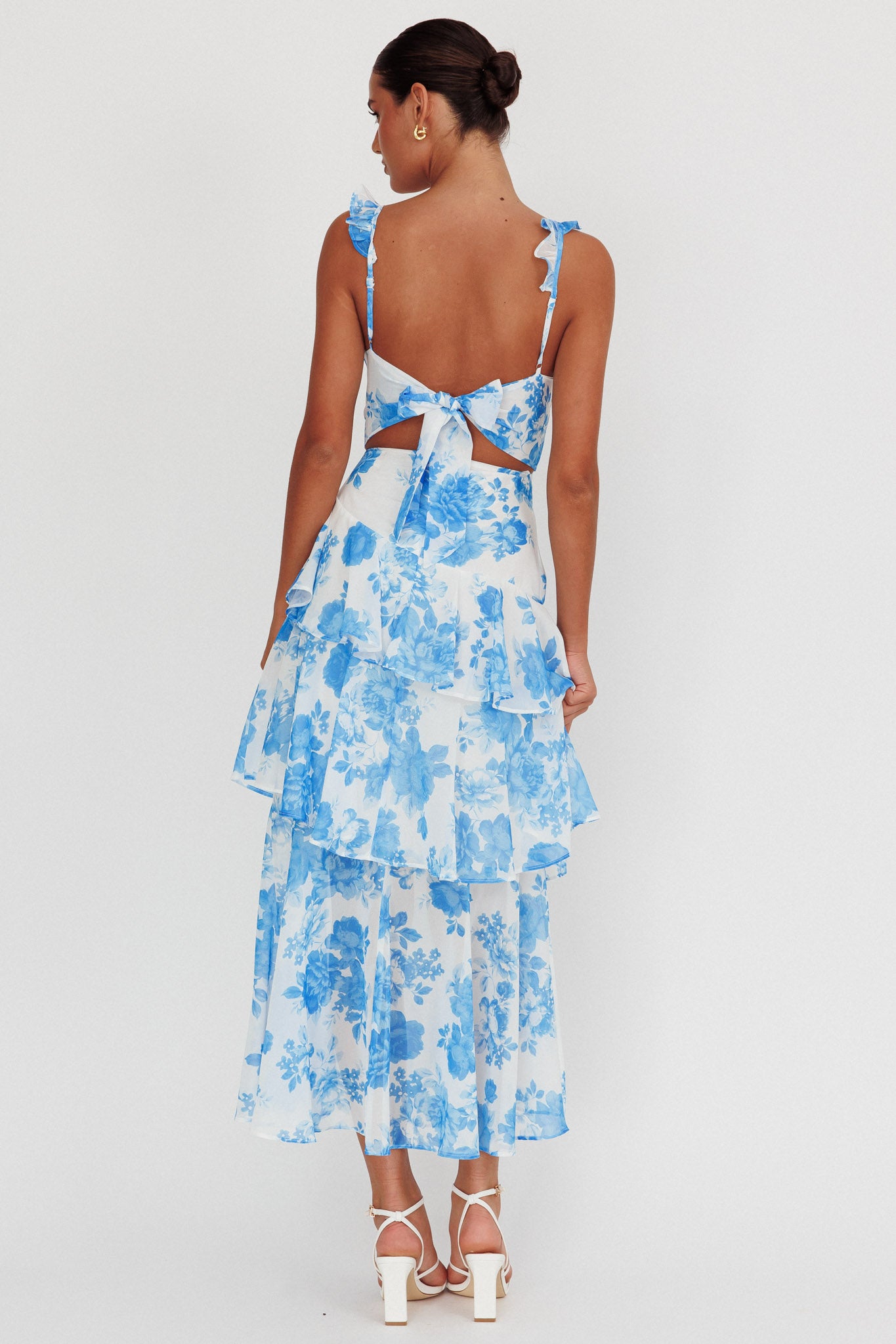 Veda Ruffle Strap Split Maxi Dress Floral White/Blue by Selfie Leslie Australia