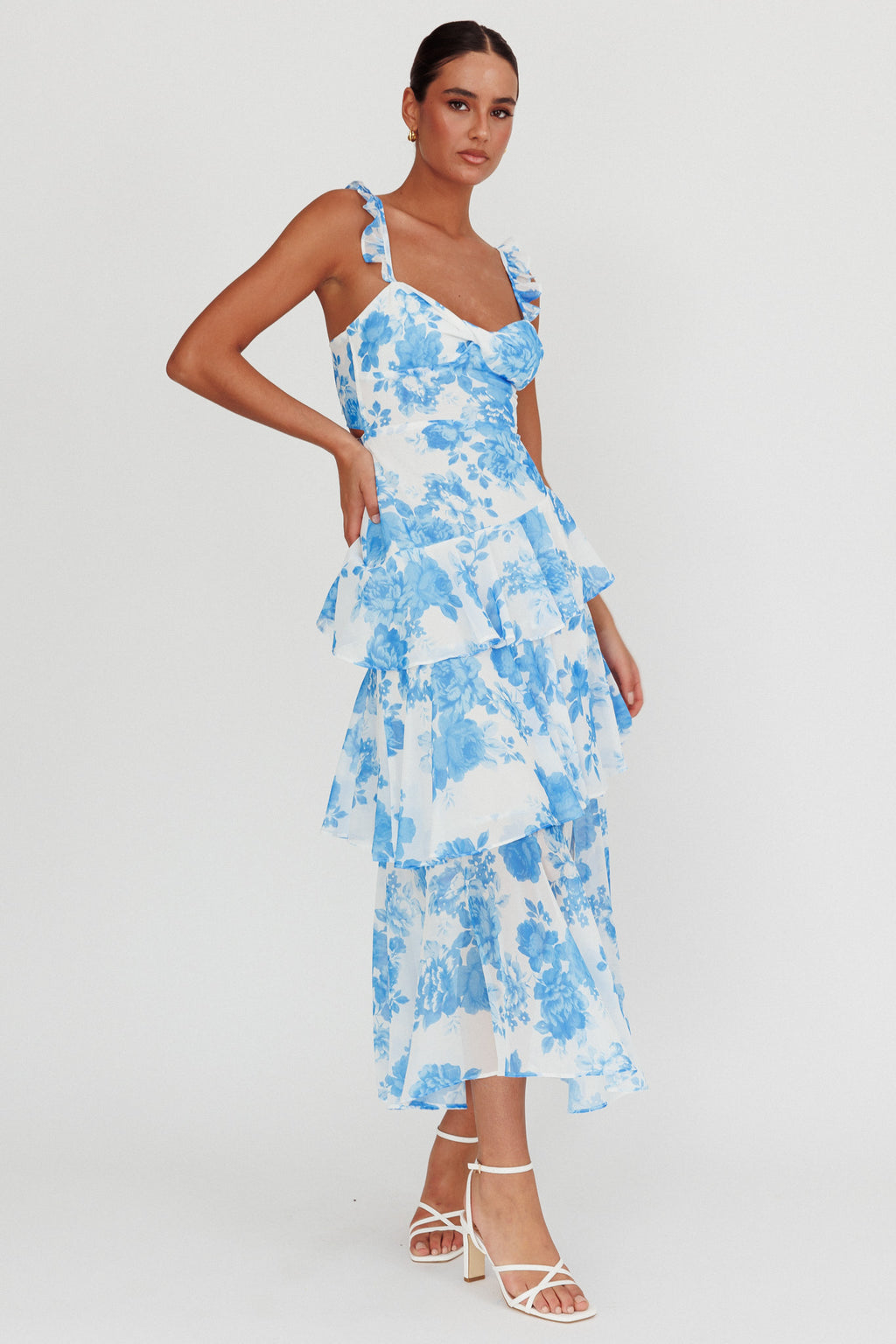 Veda Ruffle Strap Split Maxi Dress Floral White/Blue by Selfie Leslie Australia