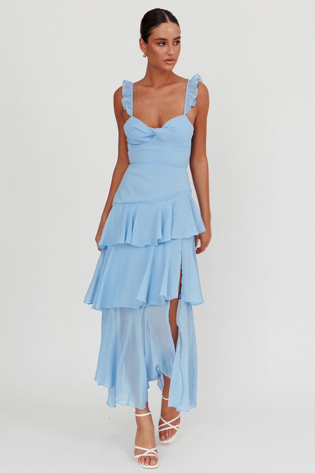 Veda Ruffle Strap Split Maxi Dress Blue by Selfie Leslie Australia