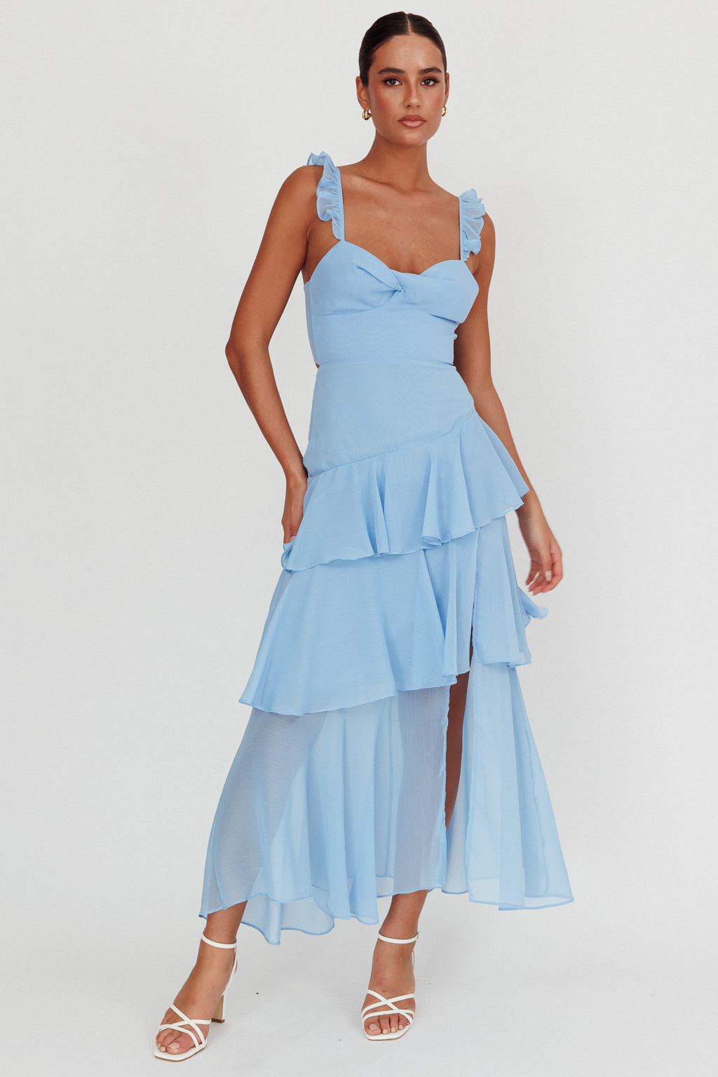 Veda Ruffle Strap Split Maxi Dress Blue by Selfie Leslie Australia