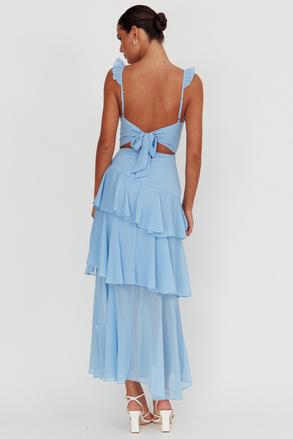 Veda Ruffle Strap Split Maxi Dress Blue by Selfie Leslie Australia