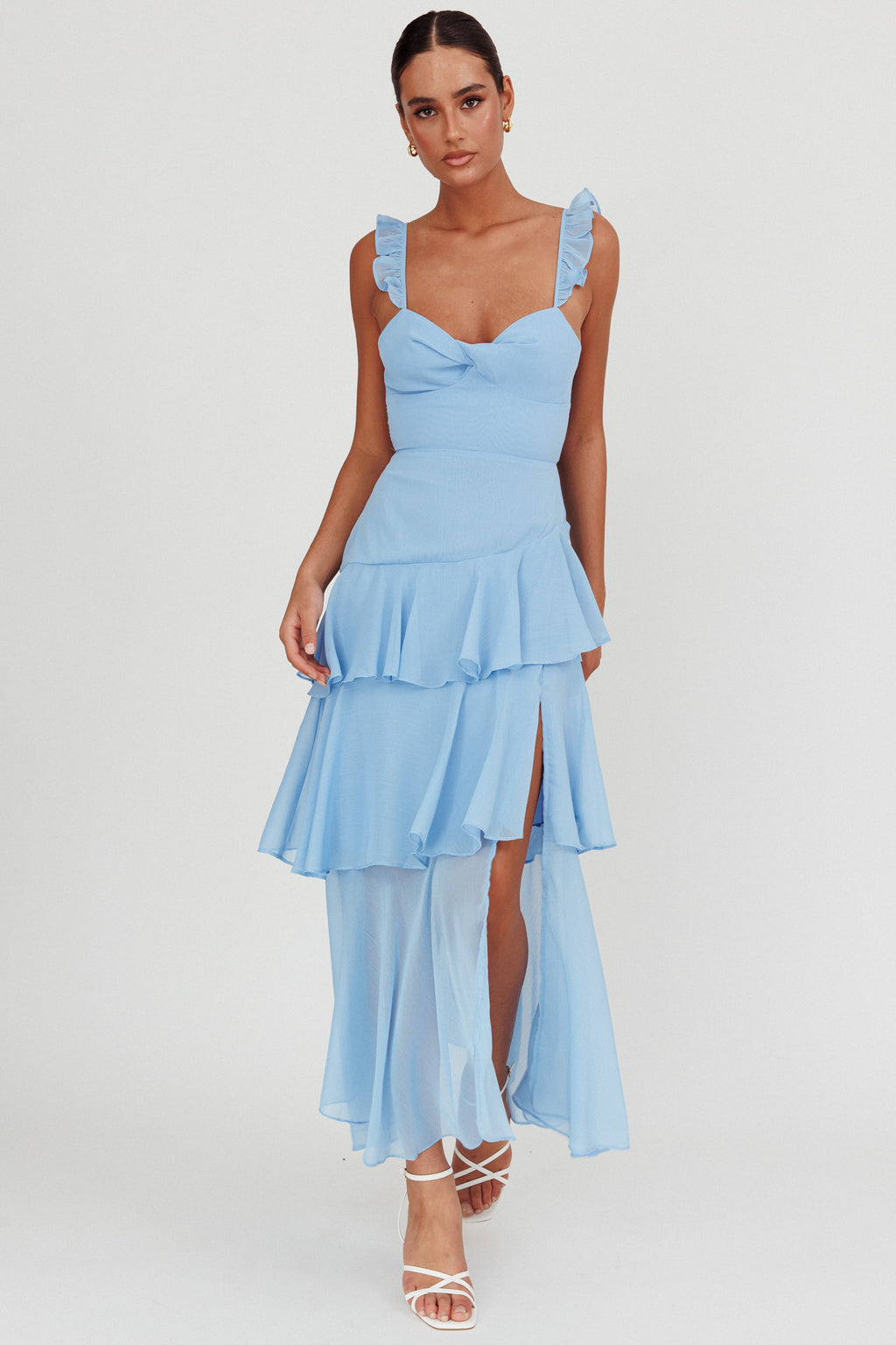 Veda Ruffle Strap Split Maxi Dress Blue by Selfie Leslie Australia