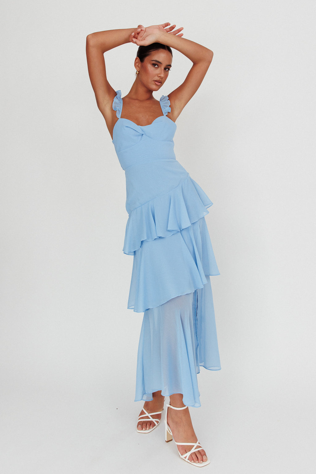 Veda Ruffle Strap Split Maxi Dress Blue by Selfie Leslie Australia
