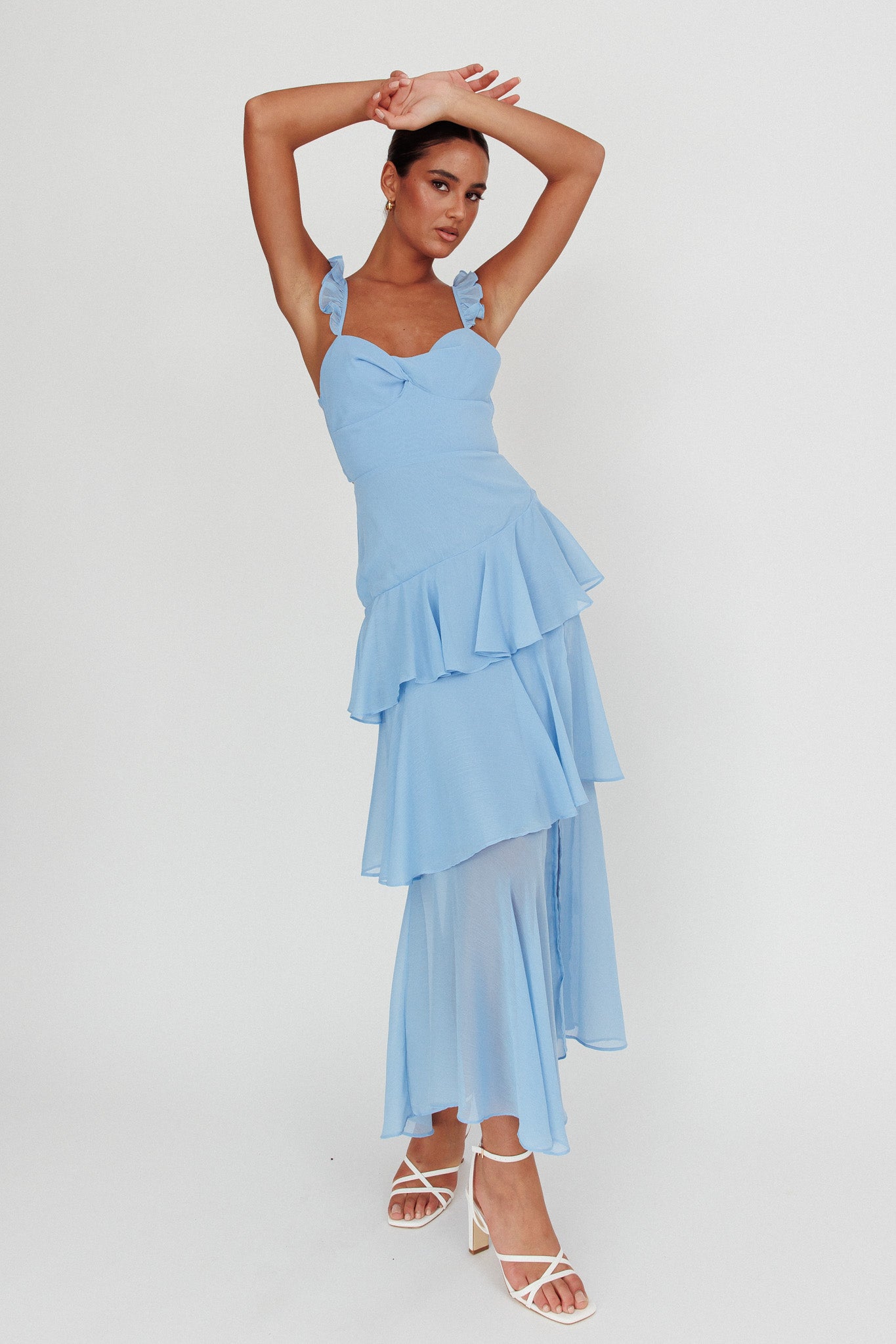 Veda Ruffle Strap Split Maxi Dress Blue by Selfie Leslie Australia