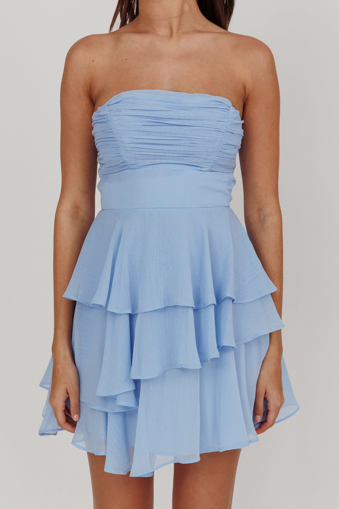 Veda Strapless Ruffle Mini Dress Blue by Selfie Leslie Australia