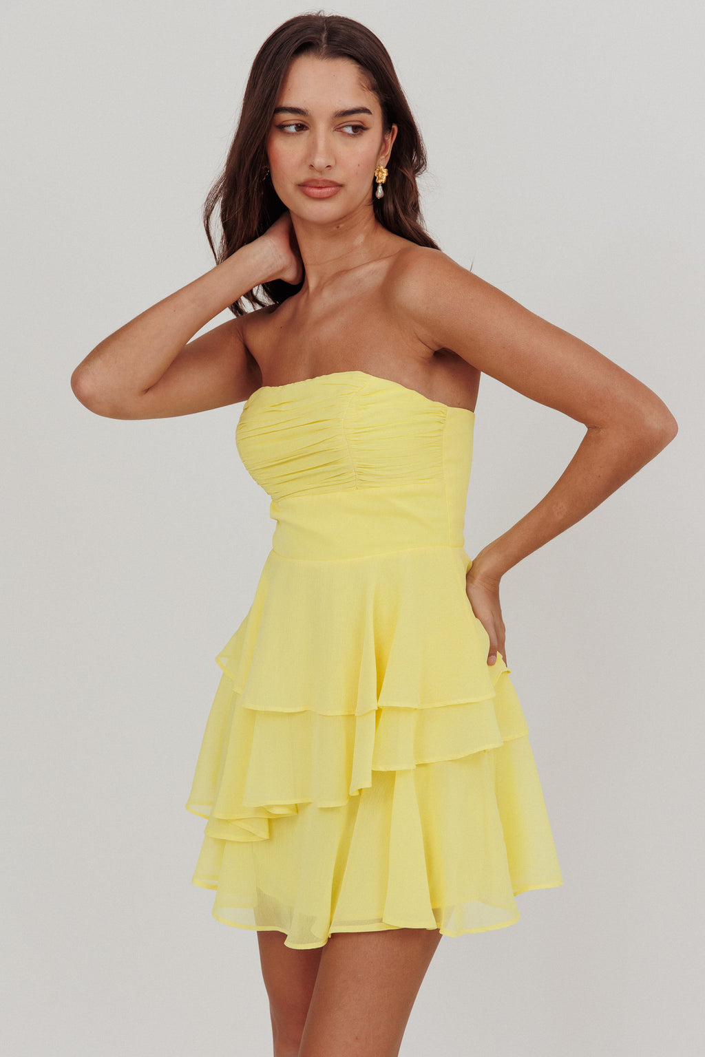 Veda Strapless Ruffle Mini Dress Lemon by Selfie Leslie Australia
