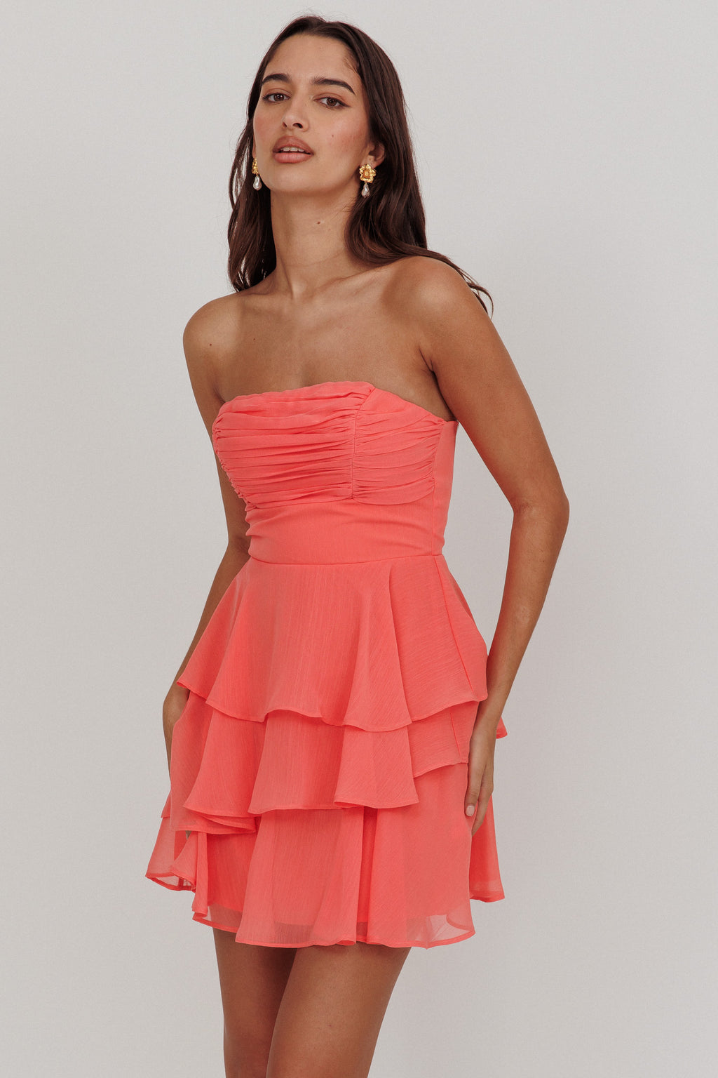 Veda Strapless Ruffle Mini Dress Peach by Selfie Leslie Australia