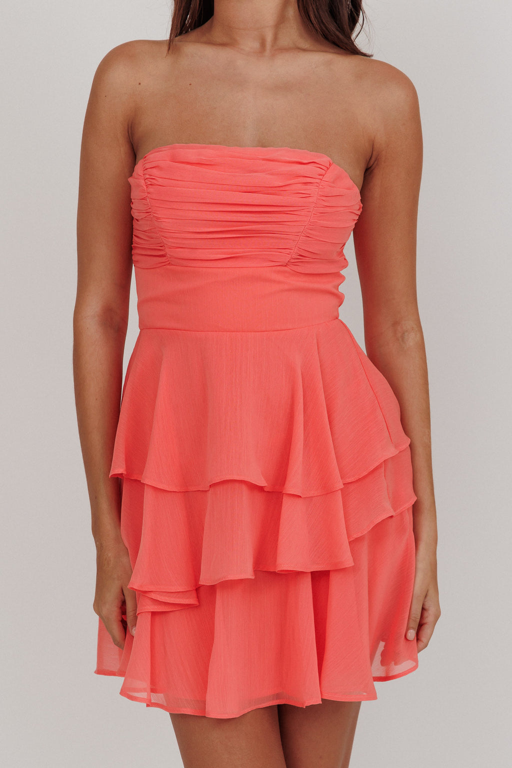 Veda Strapless Ruffle Mini Dress Peach by Selfie Leslie Australia