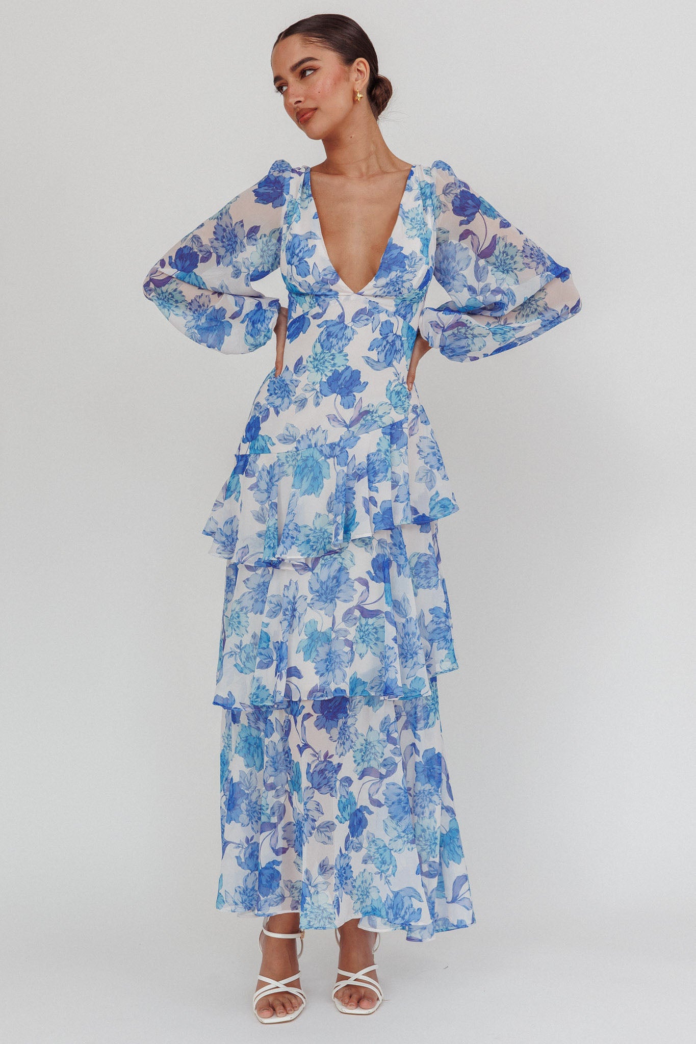 Veda Long Sleeve Floral Tiered Ruffle Maxi Dress Blue by Selfie Leslie Australia
