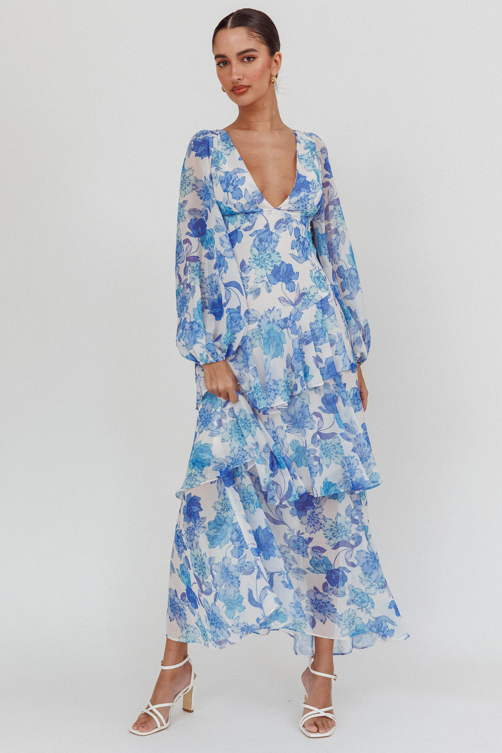 Veda Long Sleeve Floral Tiered Ruffle Maxi Dress Blue by Selfie Leslie Australia