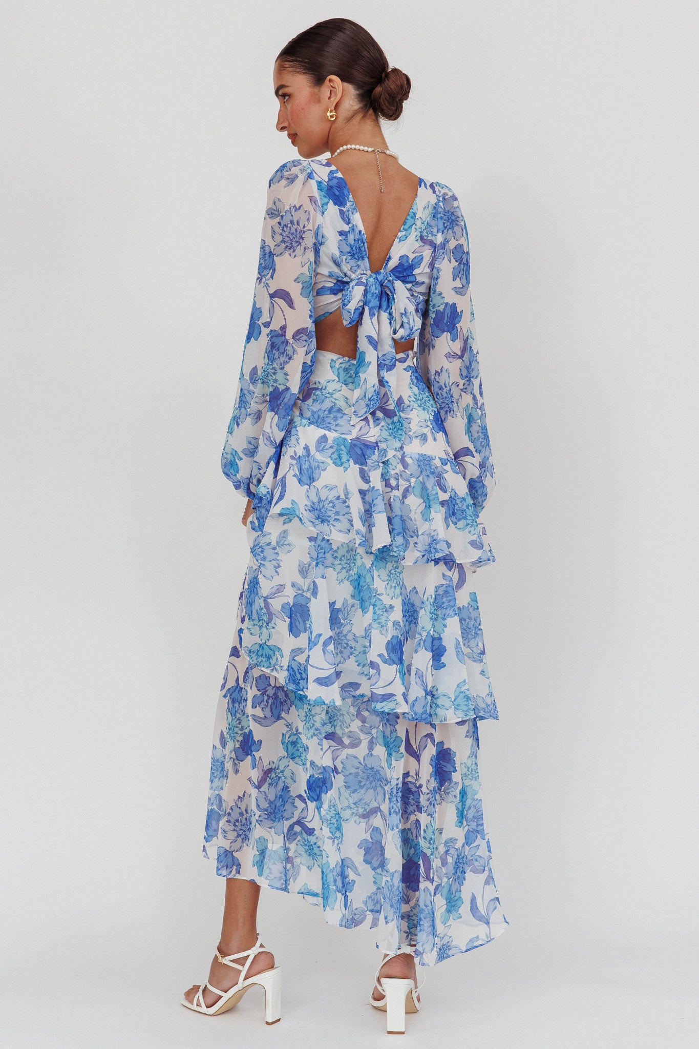 Veda Long Sleeve Floral Tiered Ruffle Maxi Dress Blue by Selfie Leslie Australia