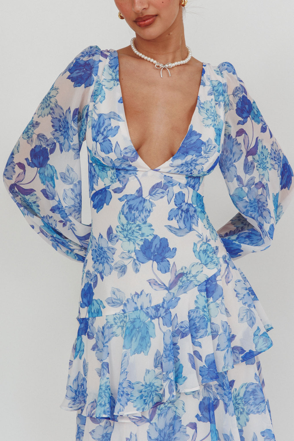 Veda Long Sleeve Floral Tiered Ruffle Maxi Dress Blue by Selfie Leslie Australia