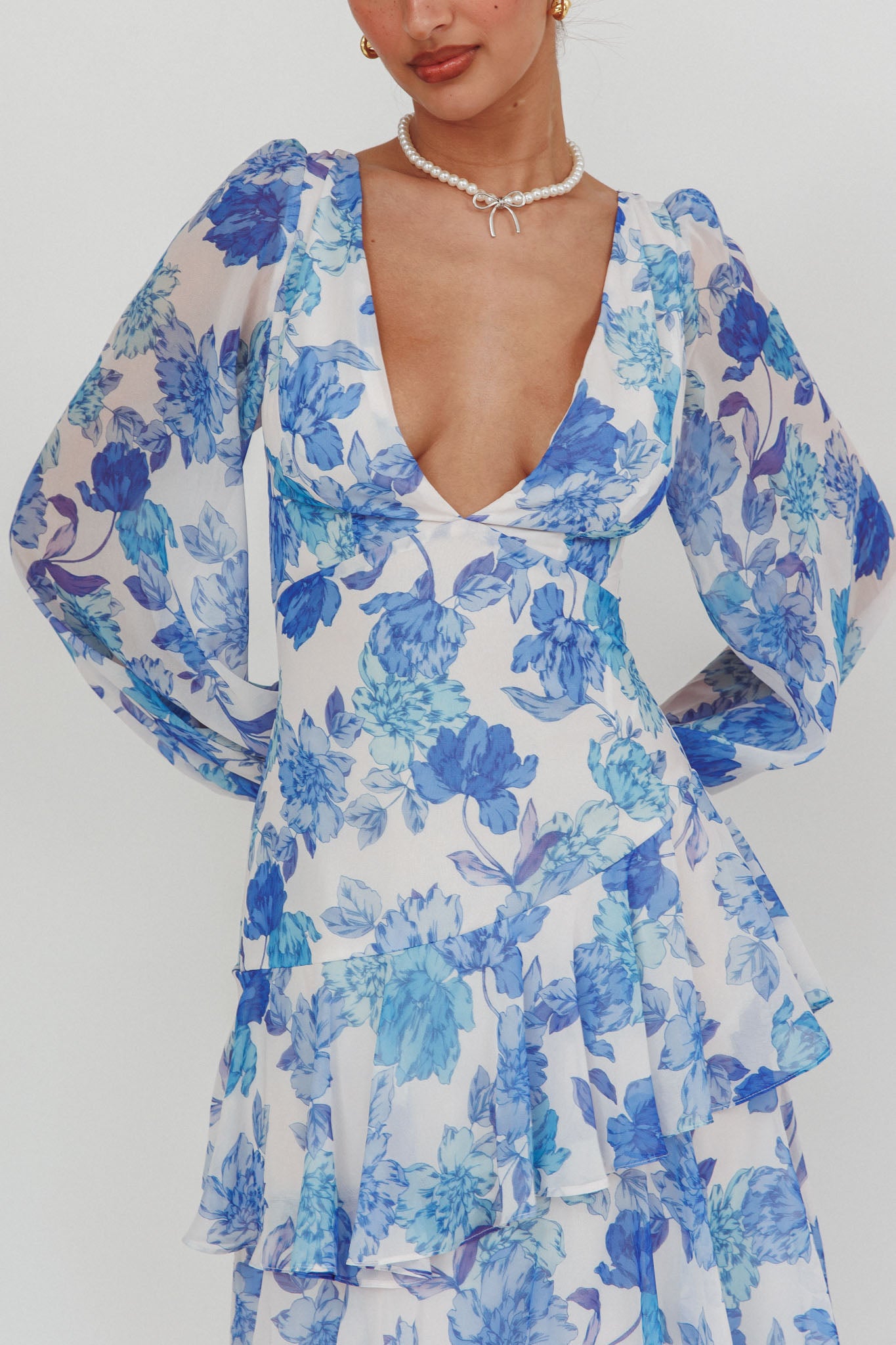 Veda Long Sleeve Floral Tiered Ruffle Maxi Dress Blue by Selfie Leslie Australia