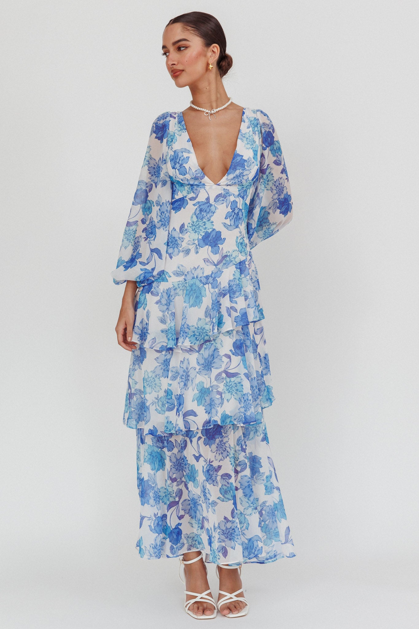 Veda Long Sleeve Floral Tiered Ruffle Maxi Dress Blue by Selfie Leslie Australia