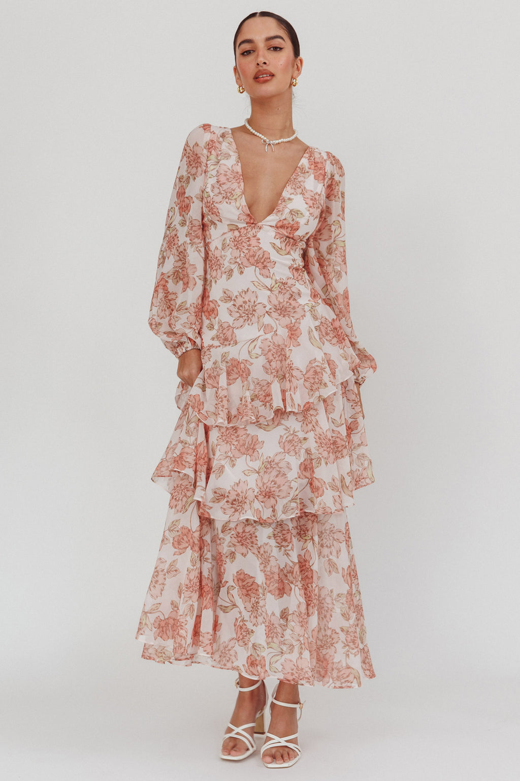 Veda Long Sleeve Floral Tiered Ruffle Maxi Dress Peach by Selfie Leslie Australia