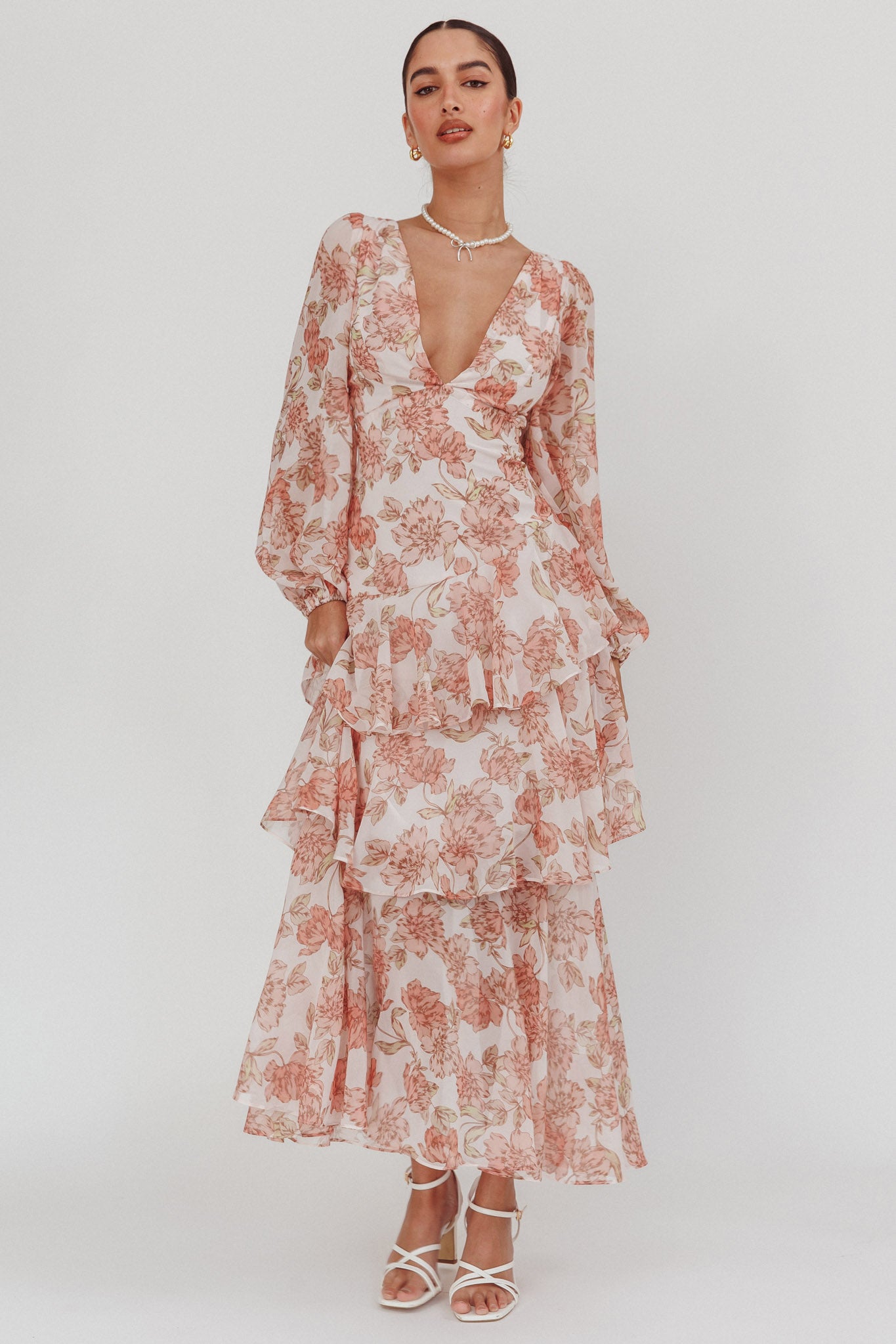 Veda Long Sleeve Floral Tiered Ruffle Maxi Dress Peach by Selfie Leslie Australia