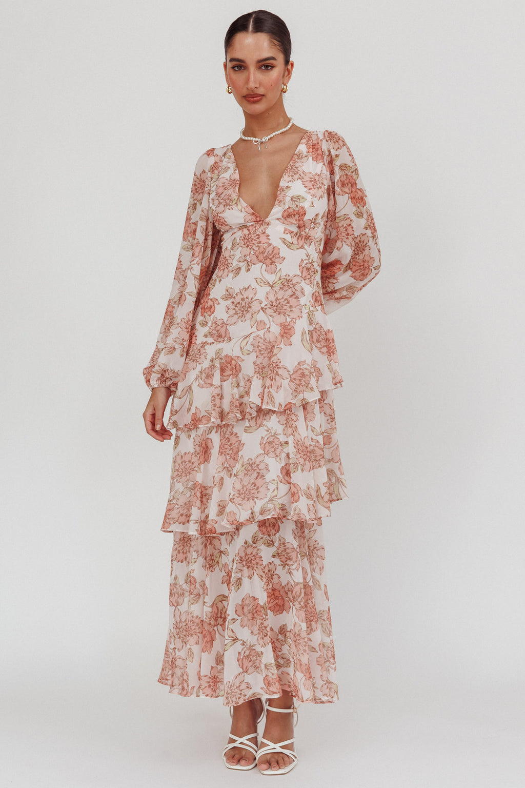 Veda Long Sleeve Floral Tiered Ruffle Maxi Dress Peach by Selfie Leslie Australia