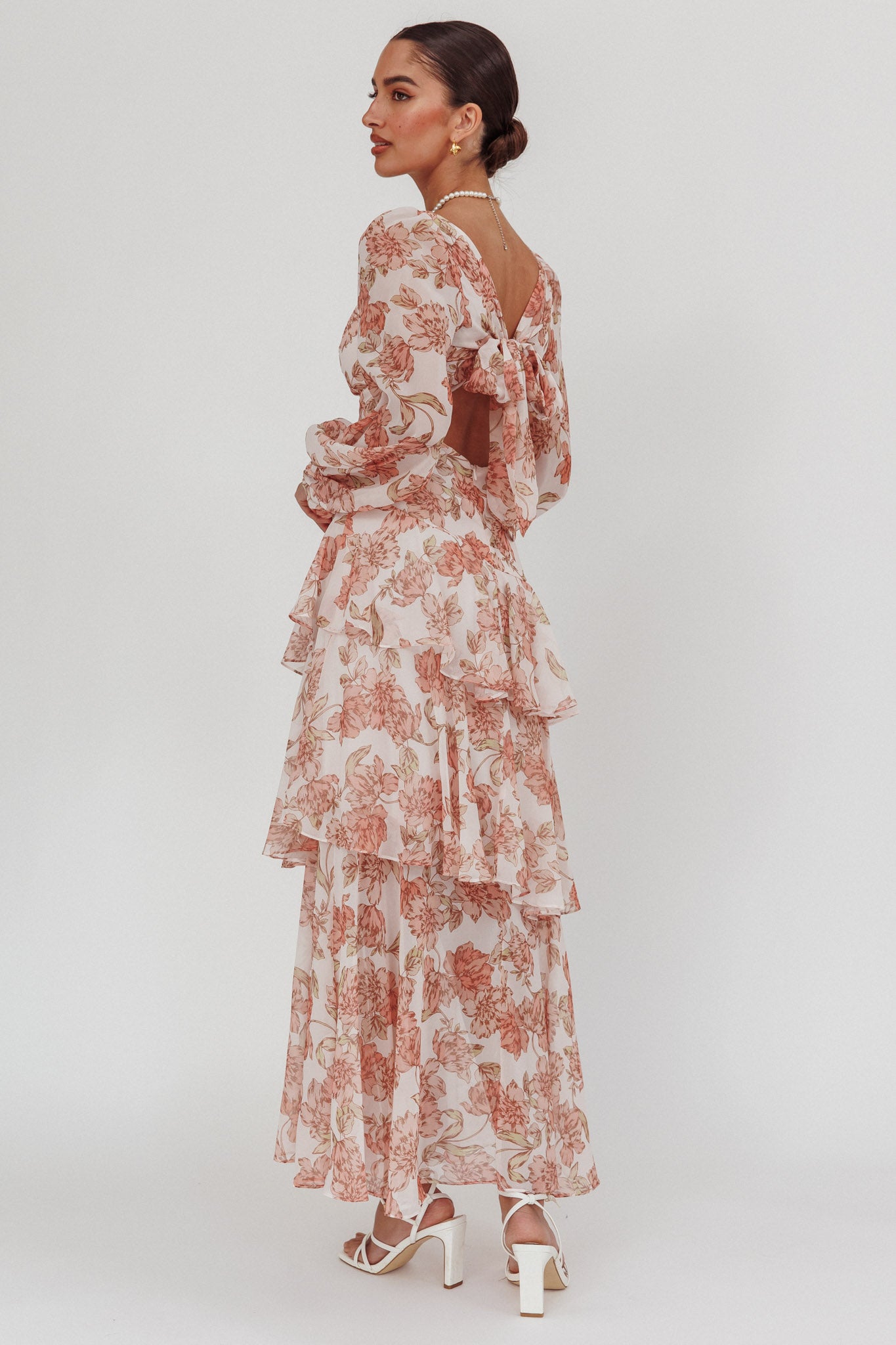 Veda Long Sleeve Floral Tiered Ruffle Maxi Dress Peach by Selfie Leslie Australia