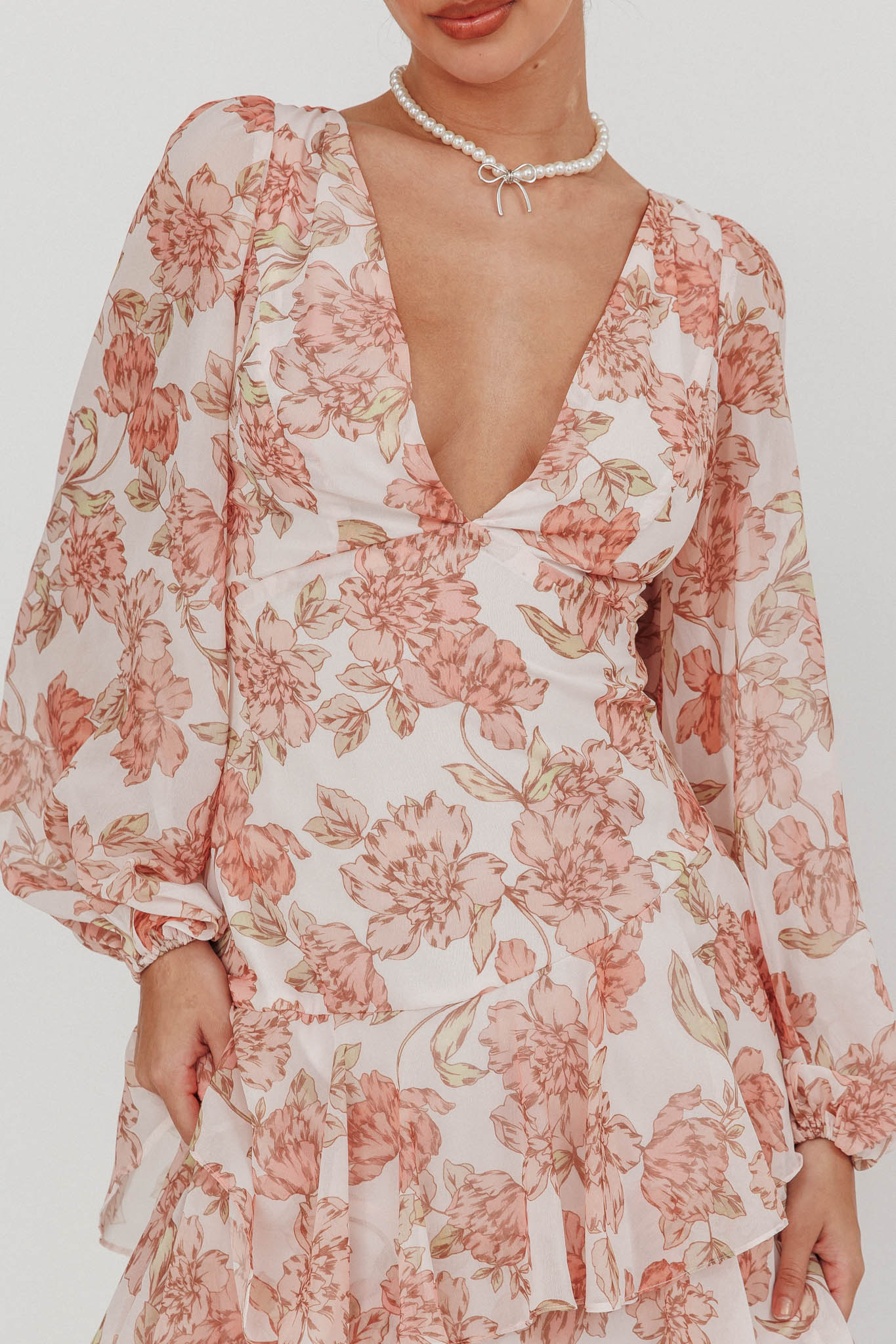 Veda Long Sleeve Floral Tiered Ruffle Maxi Dress Peach by Selfie Leslie Australia